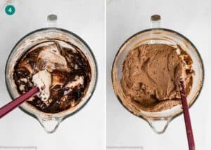 Two glass bowls, each containing a chocolate mixture for Eggless Chocolate Mousse Pie (no-bake), are being stirred with a spatula. One bowl has partially mixed ingredients; the other shows fully blended chocolate batter.