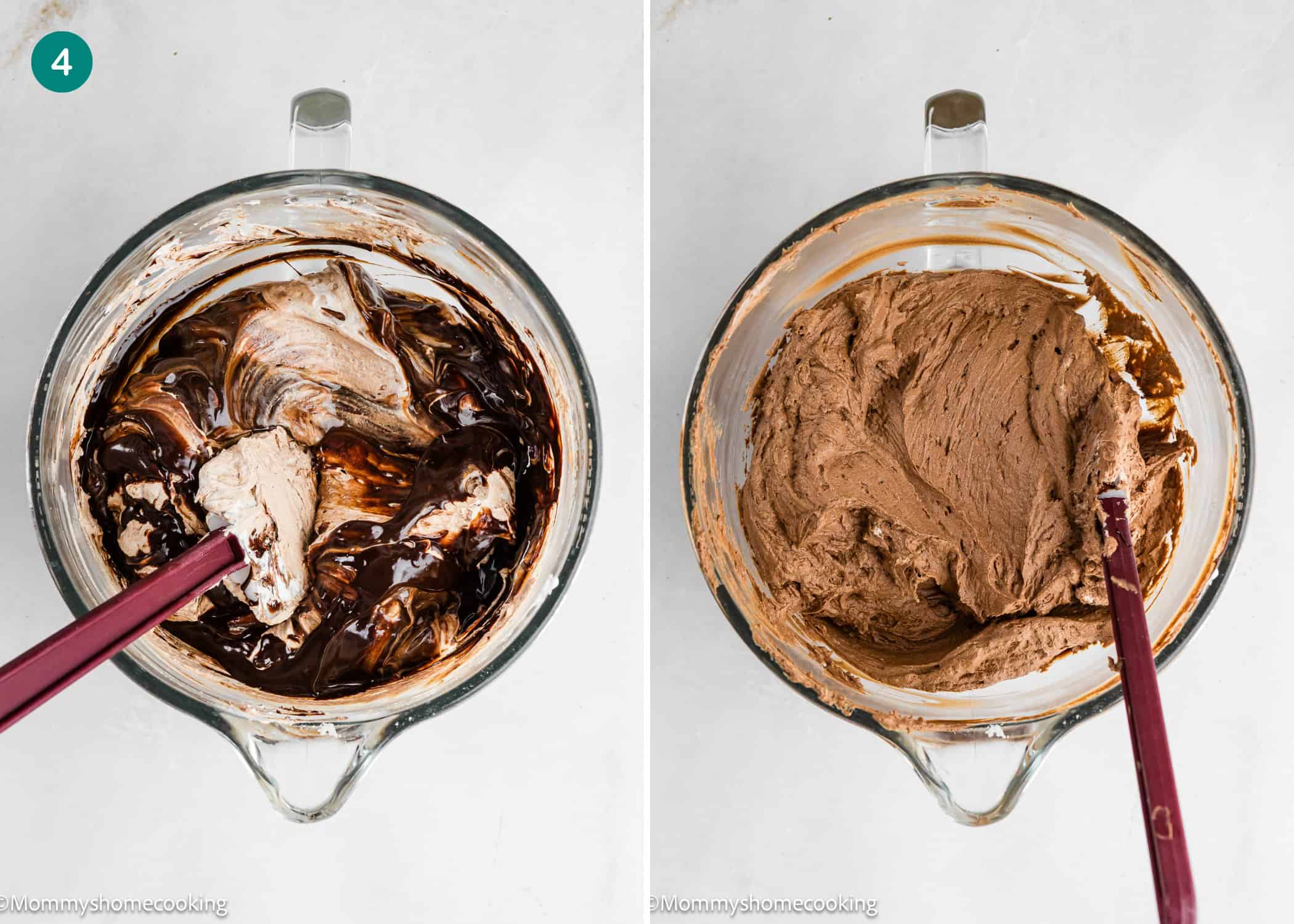 Two glass bowls, each containing a chocolate mixture for Eggless Chocolate Mousse Pie (no-bake), are being stirred with a spatula. One bowl has partially mixed ingredients; the other shows fully blended chocolate batter.