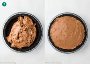 Two-step process of making an Eggless Chocolate Mousse Pie (no-bake): chocolate filling is added to a cookie crust on the left, and spread evenly in the crust on the right.