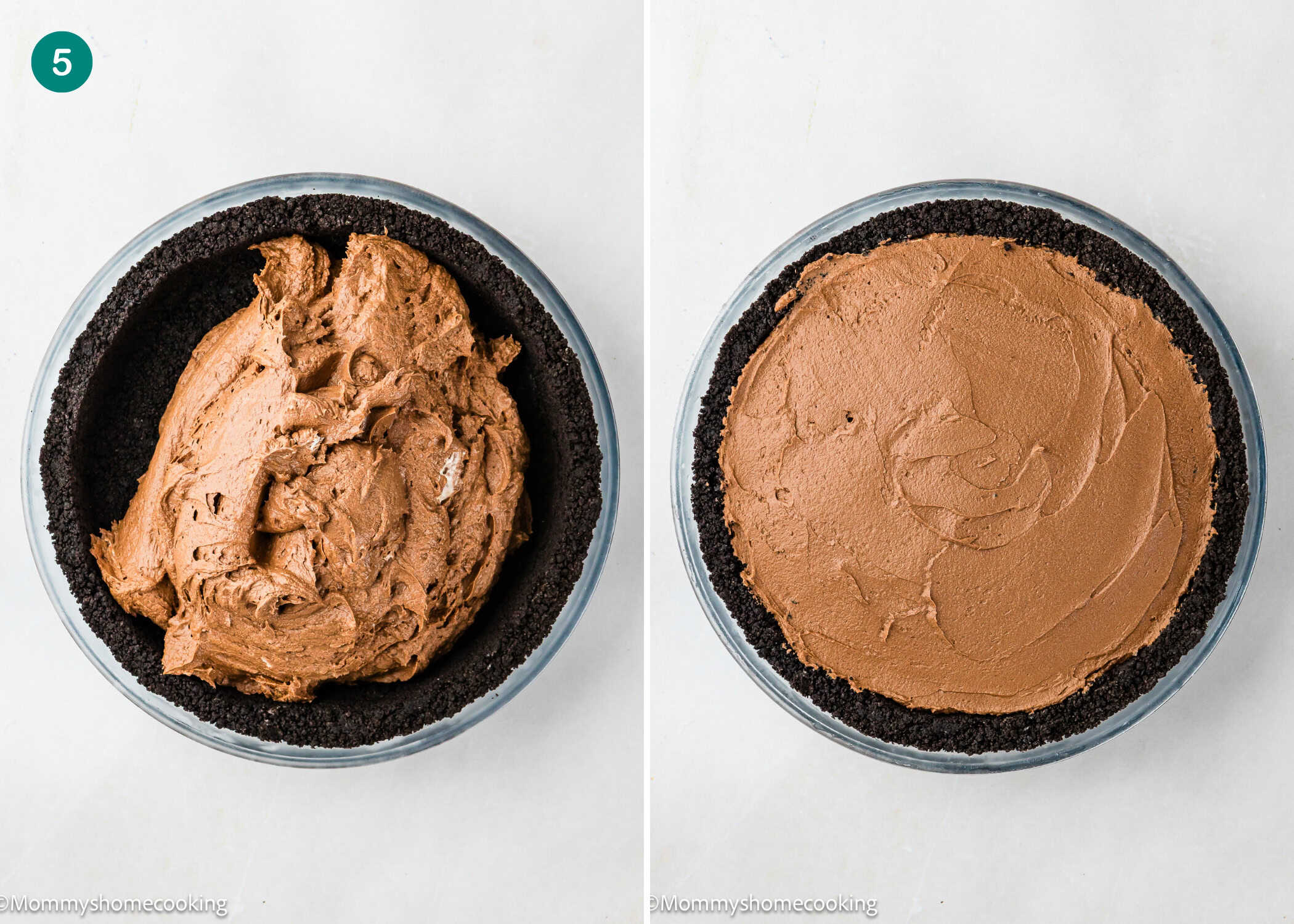 Two-step process of making an Eggless Chocolate Mousse Pie (no-bake): chocolate filling is added to a cookie crust on the left, and spread evenly in the crust on the right.