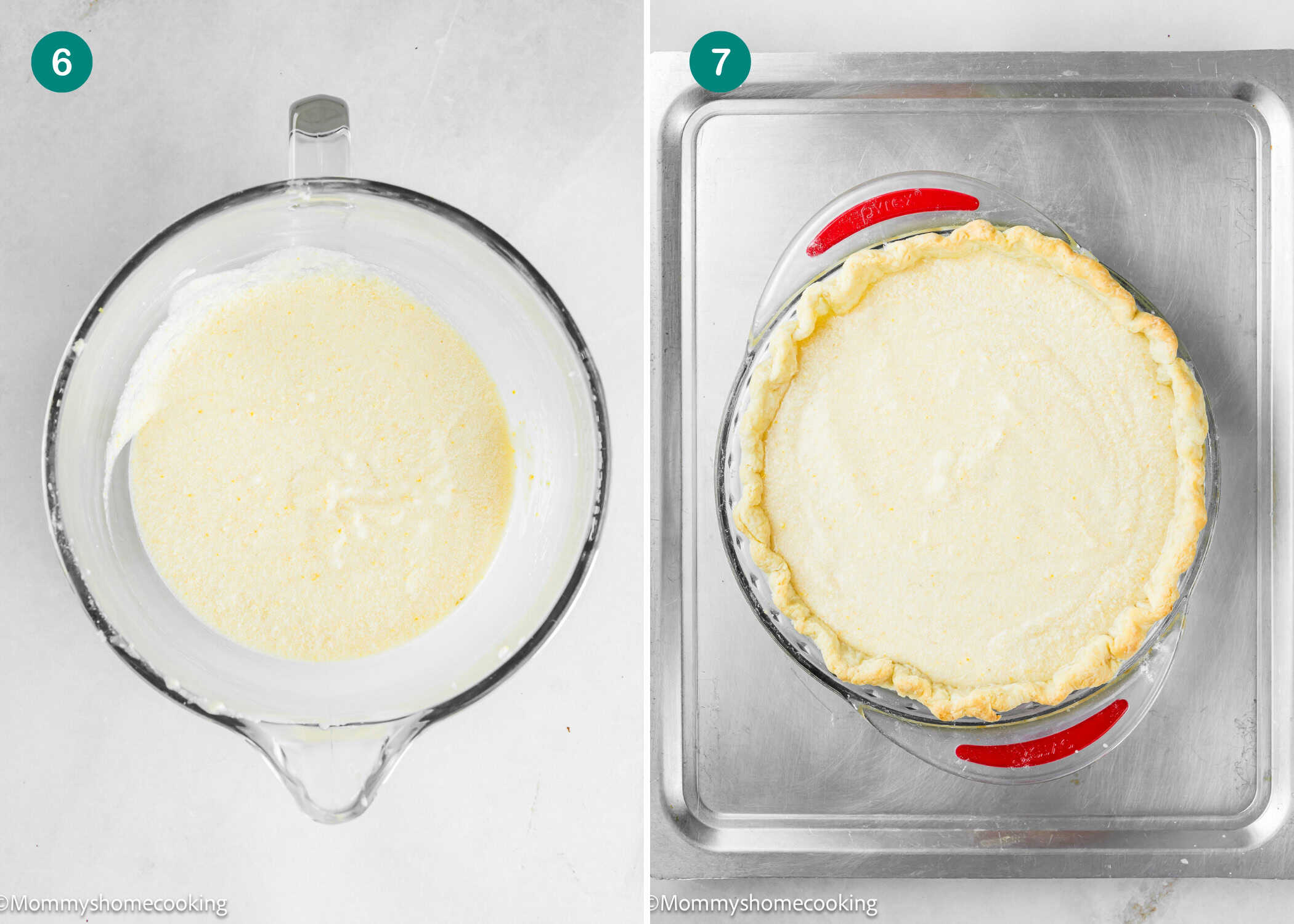 Step 6: Mixing bowl with creamy Eggless Classic Chess Pie filling; Step 7: Unbaked pie with filling in a crust on a baking tray.