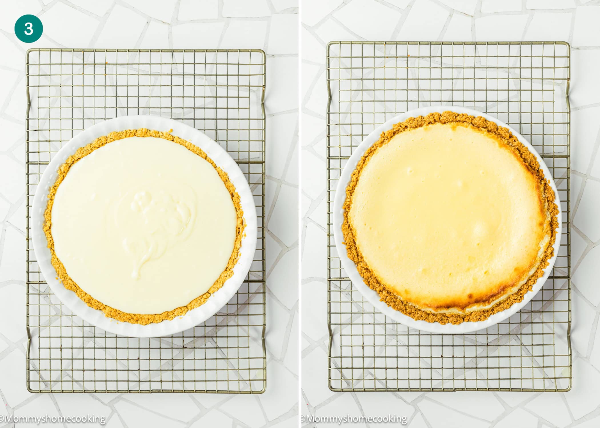 Side-by-side images of an Eggless Creamy Lemon Pie on a cooling rack: the left shows the unbaked filling, and the right displays the baked pie with a golden top.
