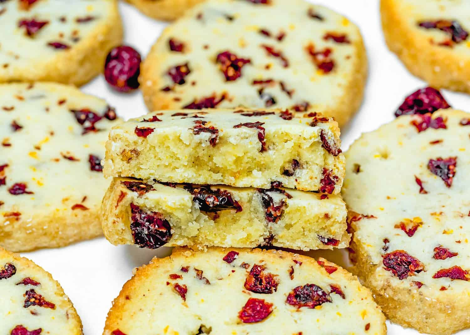 Close-up of Eggless Cranberry Orange Icebox Cookies, with visible dried cranberries and two cookies stacked and broken to reveal their crumbly texture.