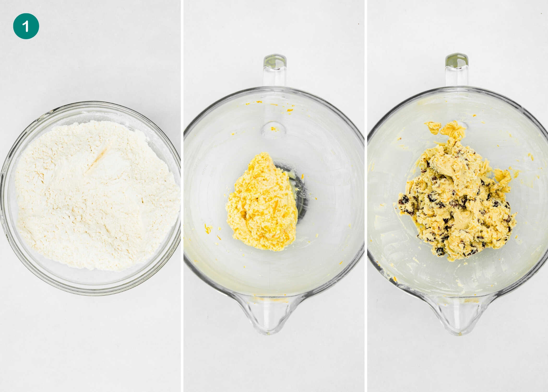 Three glass bowls display stages of Eggless Cranberry Orange Icebox Cookies: dry ingredients, creamed butter mixture, and dough mixed with raisins.