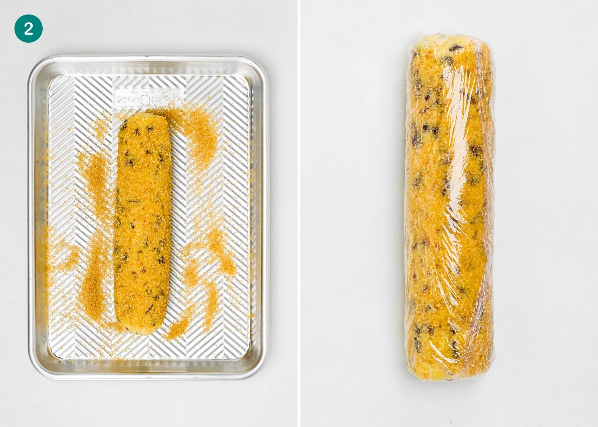Side-by-side images: left shows a log of Eggless Cranberry Orange Icebox Cookies dough with chocolate chips and coating on a baking tray; right shows the same dough log wrapped in plastic wrap on a white surface.