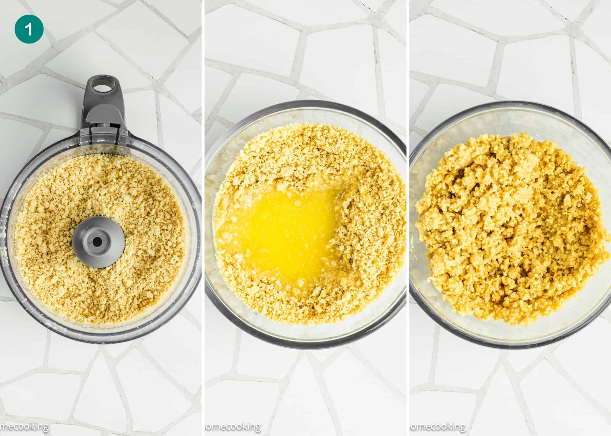 Three-step process for making a crumb crust for Eggless Creamy Lemon Pie: use a food processor with crushed crumbs, pour crumbs into a bowl with melted butter, then stir the mixture together.