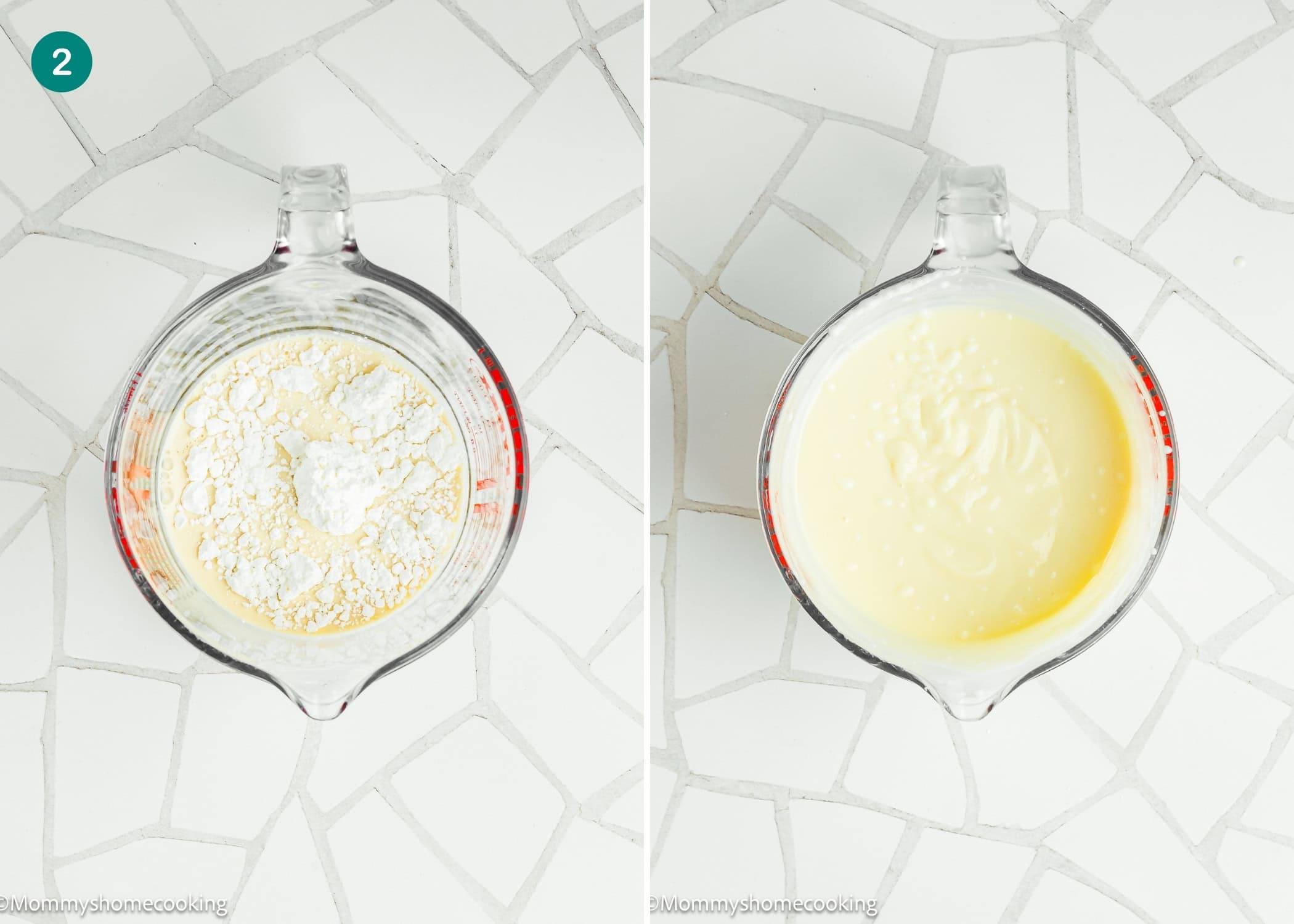 Two side-by-side measuring cups: the left holds dry pancake mix ingredients, while the right displays the same ingredients blended into a smooth batter, perfect for making Eggless Creamy Lemon Pie pancakes.