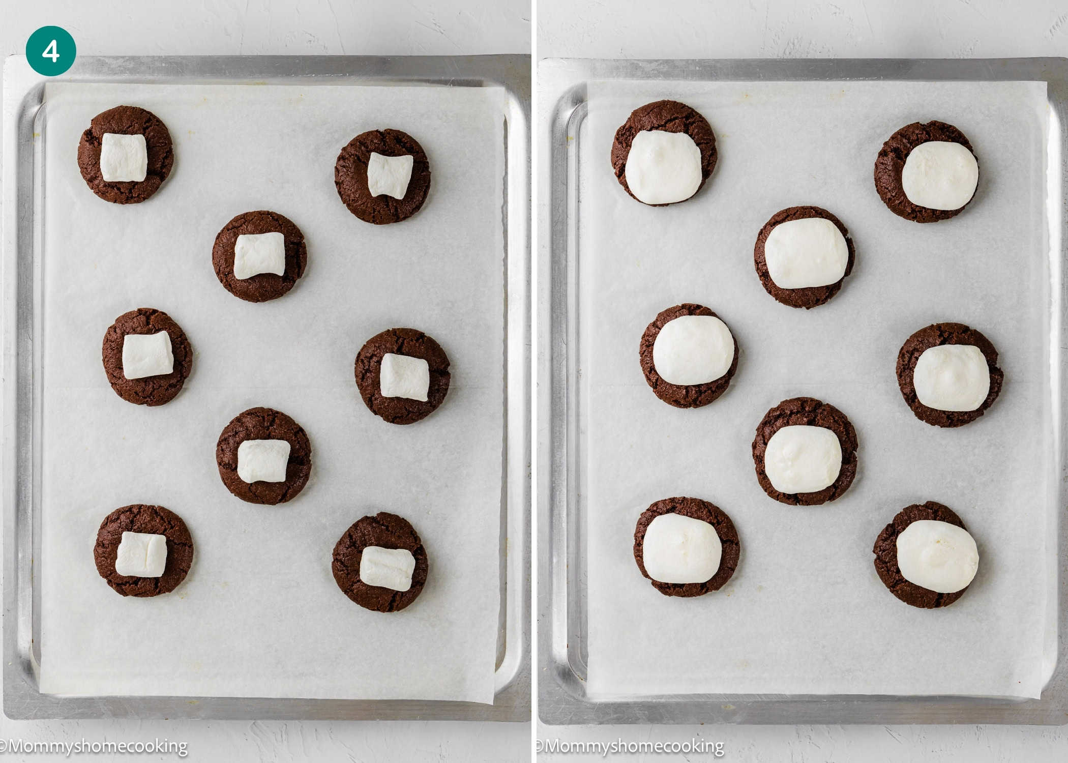 Side-by-side images show Eggless Hot Chocolate Cookies on baking sheets; the left displays unbaked cookies topped with marshmallow pieces, while the right shows the baked cookies with gooey, melted marshmallows.