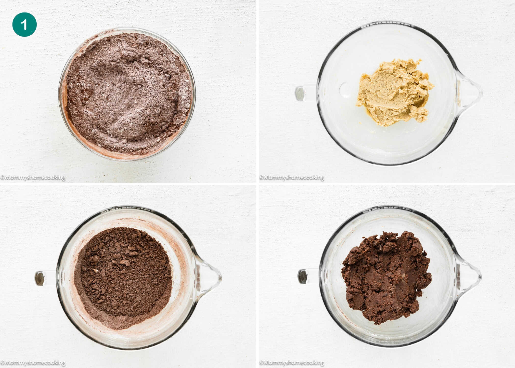 Four glass bowls on a white surface show the steps of making Eggless Hot Chocolate Cookies: mixing dry ingredients, creaming butter, combining cocoa with wet ingredients, and forming chocolate cookie dough.