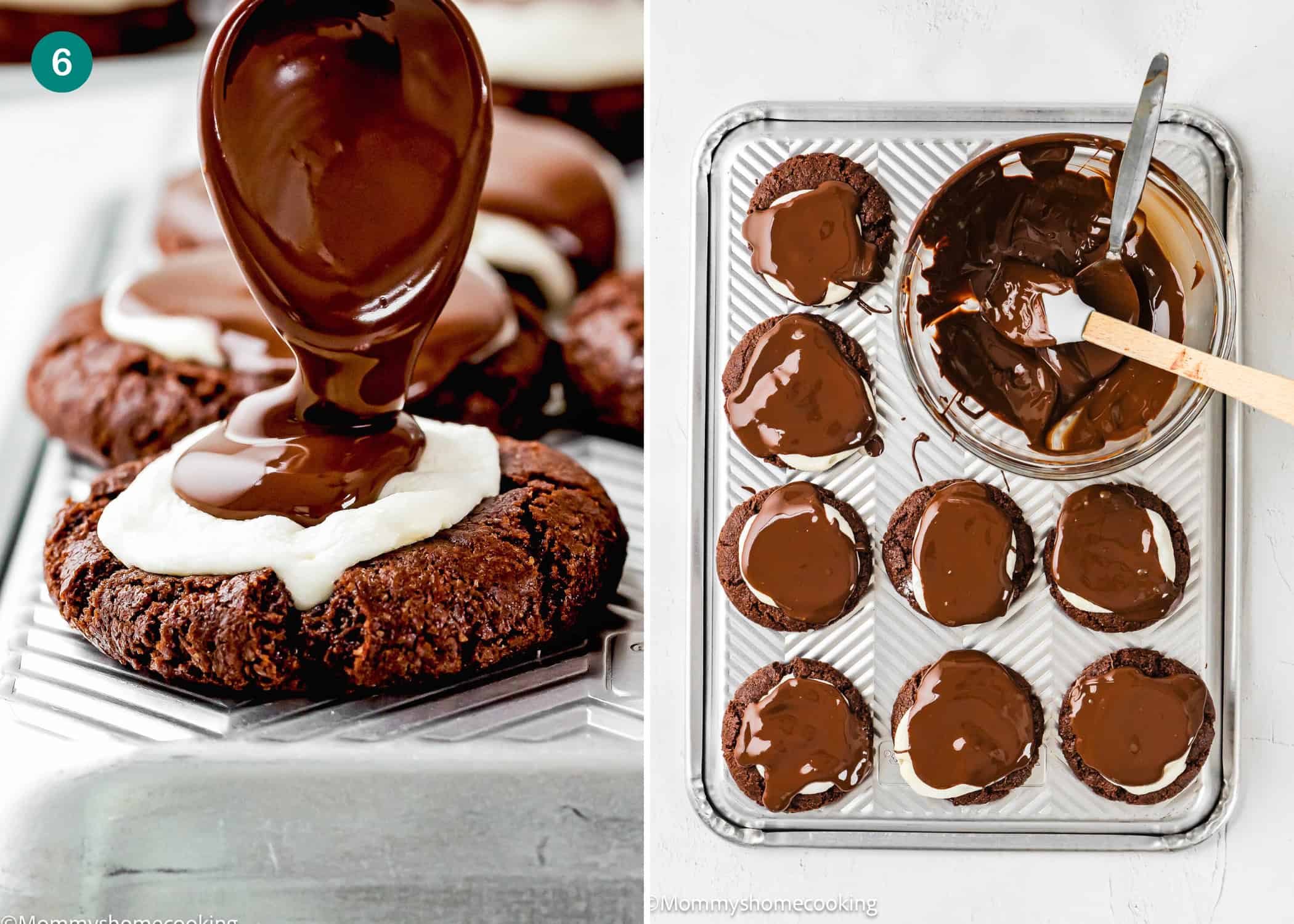 A close-up of chocolate being poured onto an Eggless Hot Chocolate Cookie with white frosting, next to a tray of cookies partially covered with chocolate and a bowl of melted chocolate with a spatula.