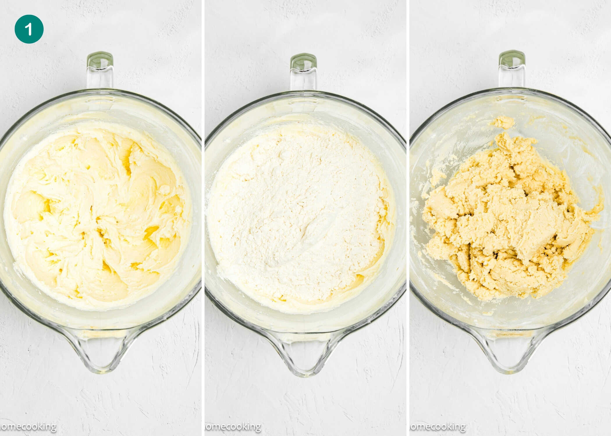 Three glass bowls in a row show stages of Eggless Marble Christmas Tree Cookies dough: creamed butter and sugar, flour added, and finished dough mixed together.