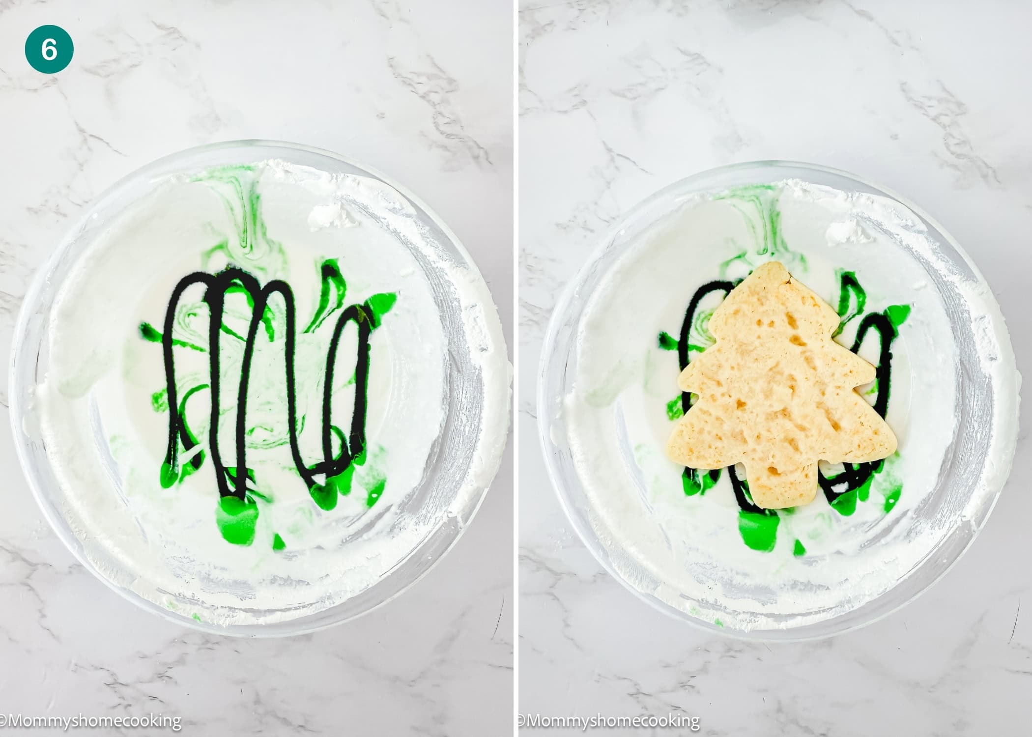 Two images: left shows green food coloring on white frosting in a bowl; right shows an Eggless Marble Christmas Tree Cookie placed on top of the same frosted bowl.