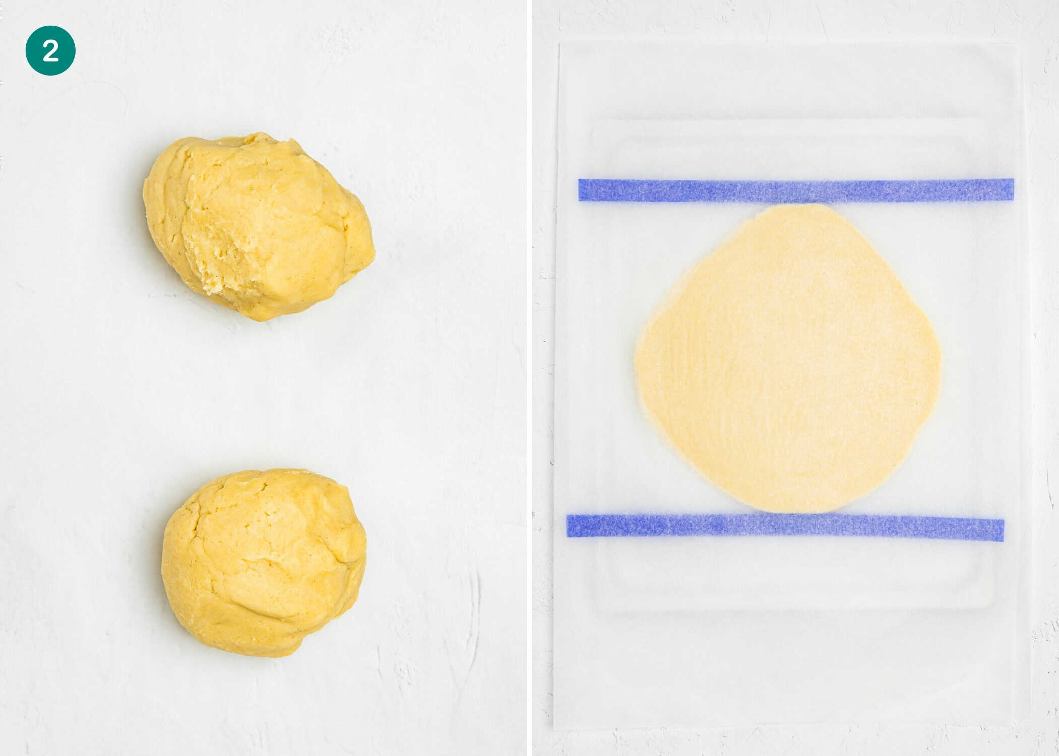 Two balls of dough for Eggless Marble Christmas Tree Cookies on a white surface on the left; on the right, dough is rolled flat between sheets of parchment paper with blue guides.