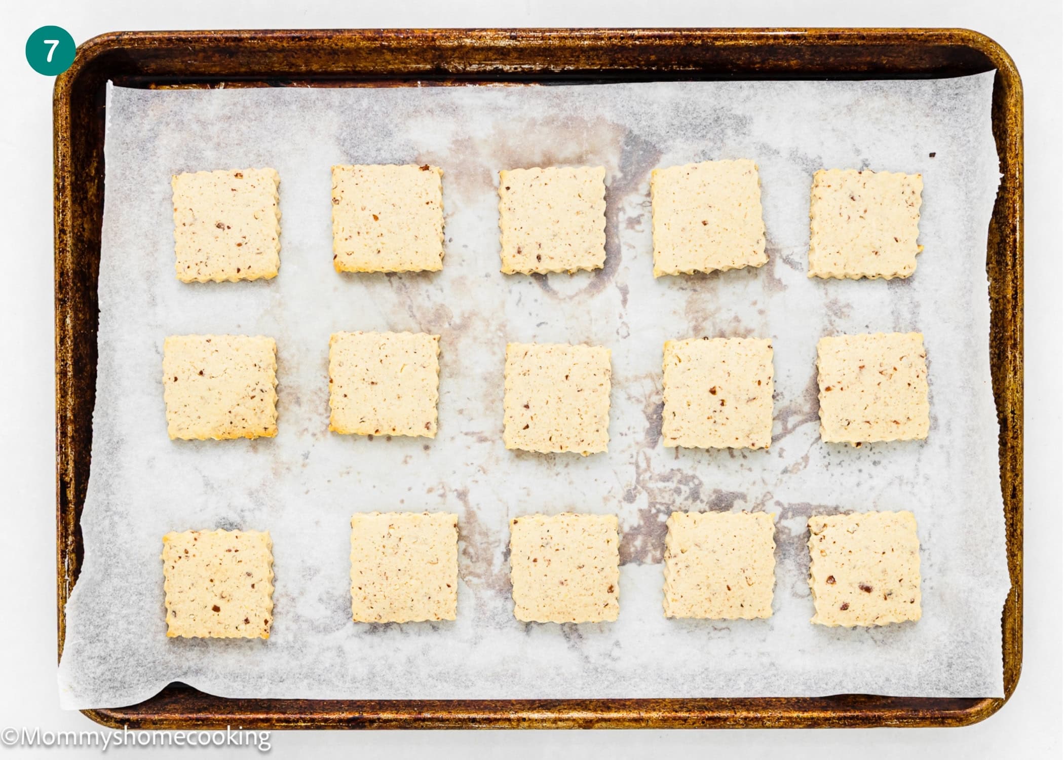 A baking tray lined with parchment paper holds fifteen evenly spaced Eggless Pecan Sugar Cookies with Brown Butter Icing.