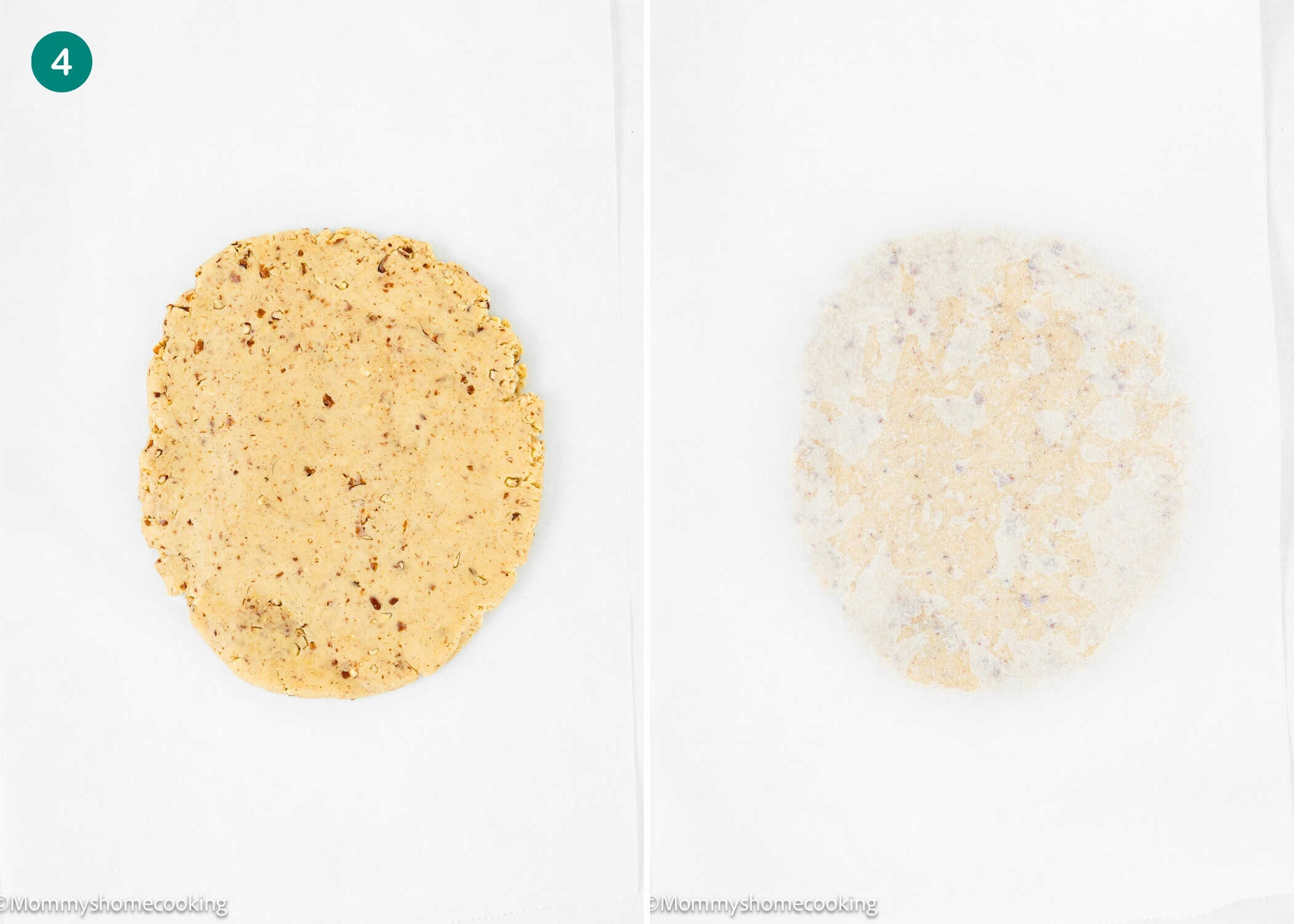 Two images side by side: on the left, dough for Eggless Pecan Sugar Cookies with Brown Butter Icing on parchment paper; on the right, the same disc topped with another sheet of parchment paper.