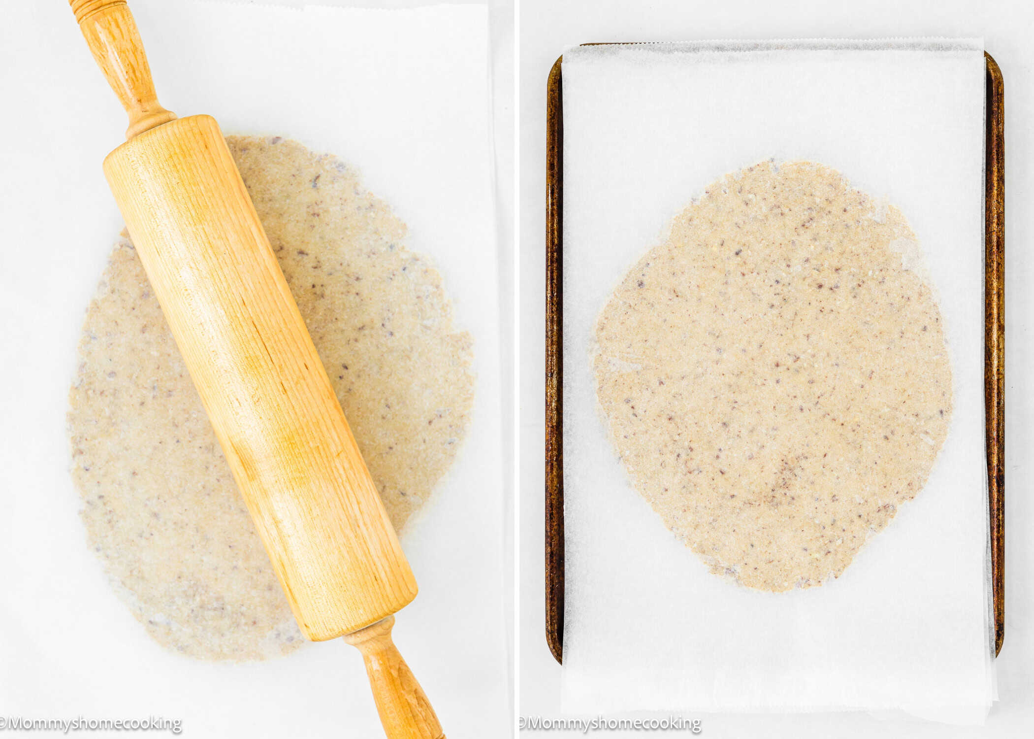 A rolling pin flattening dough for Eggless Pecan Sugar Cookies with Brown Butter Icing on parchment paper, and the rolled dough placed on a baking sheet lined with parchment paper.