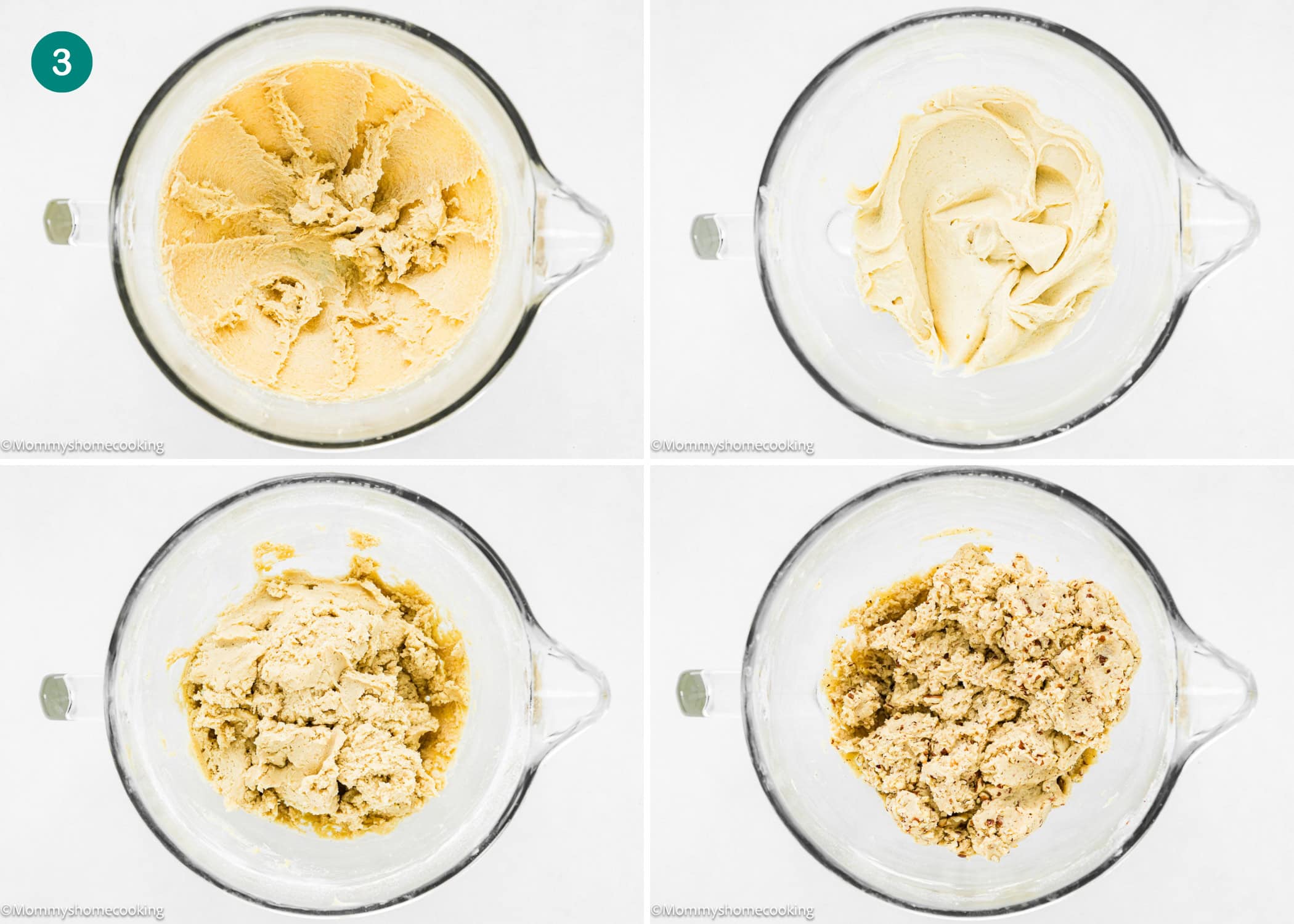 Four stages of mixing Eggless Pecan Sugar Cookies with Brown Butter Icing dough in a glass bowl, shown from above in a grid, each image highlighting a different texture and consistency.