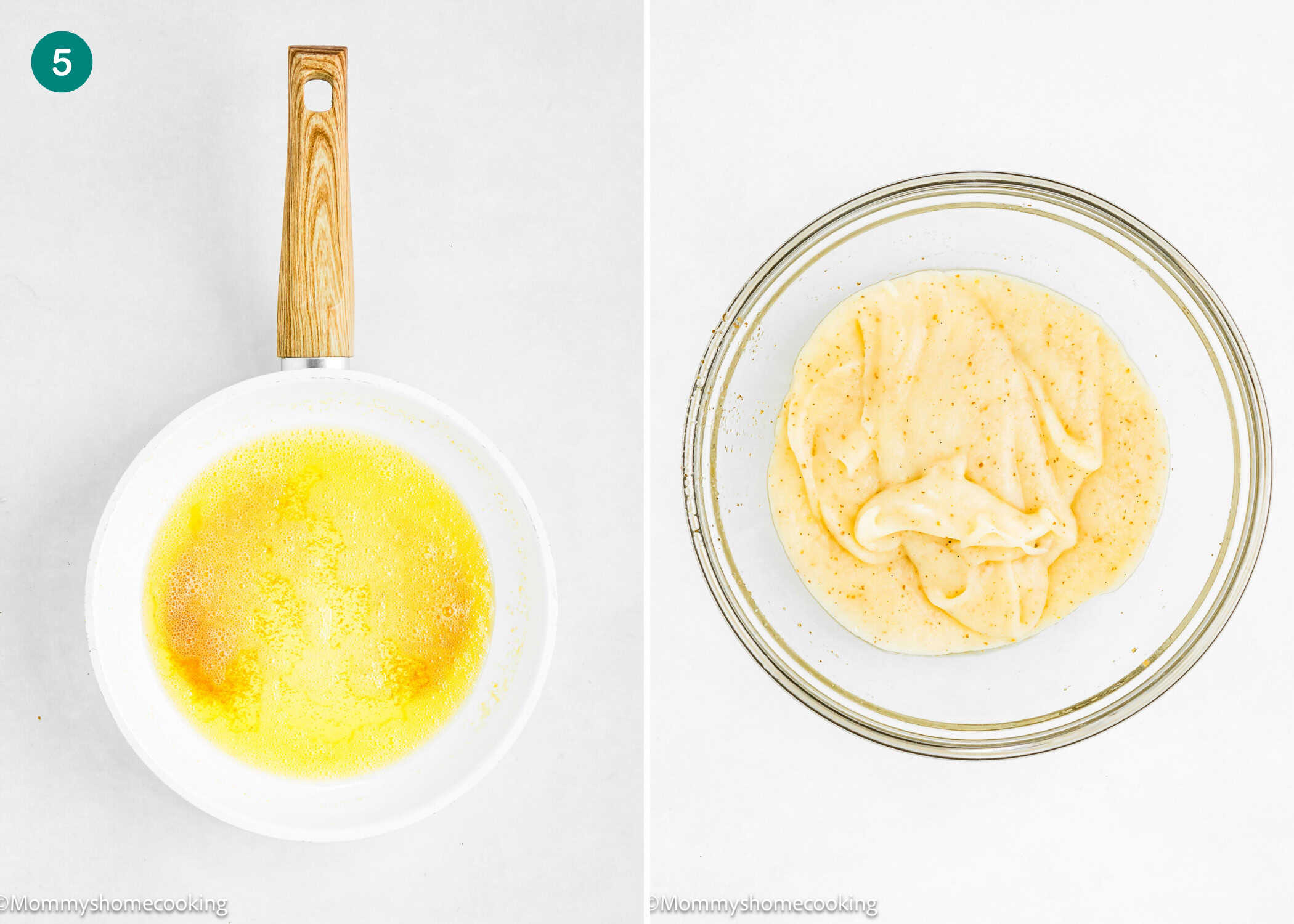 A saucepan with melted butter on the left and a glass bowl with smooth, pale dough for Eggless Pecan Sugar Cookies with Brown Butter Icing on the right, both on a white surface.