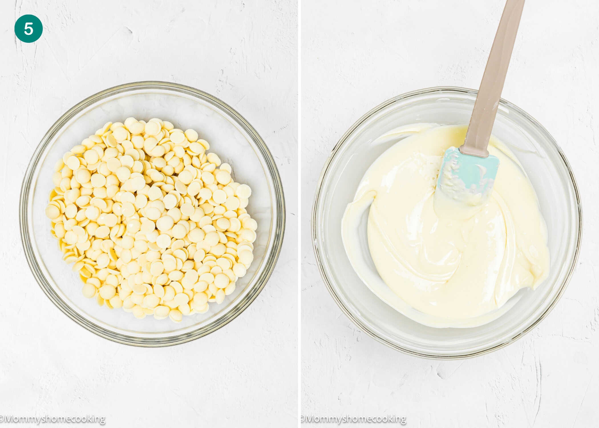 Two images side by side: left shows a bowl filled with white chocolate chips, right shows the same bowl with melted white chocolate being stirred for Eggless Peppermint Bark Cookies.