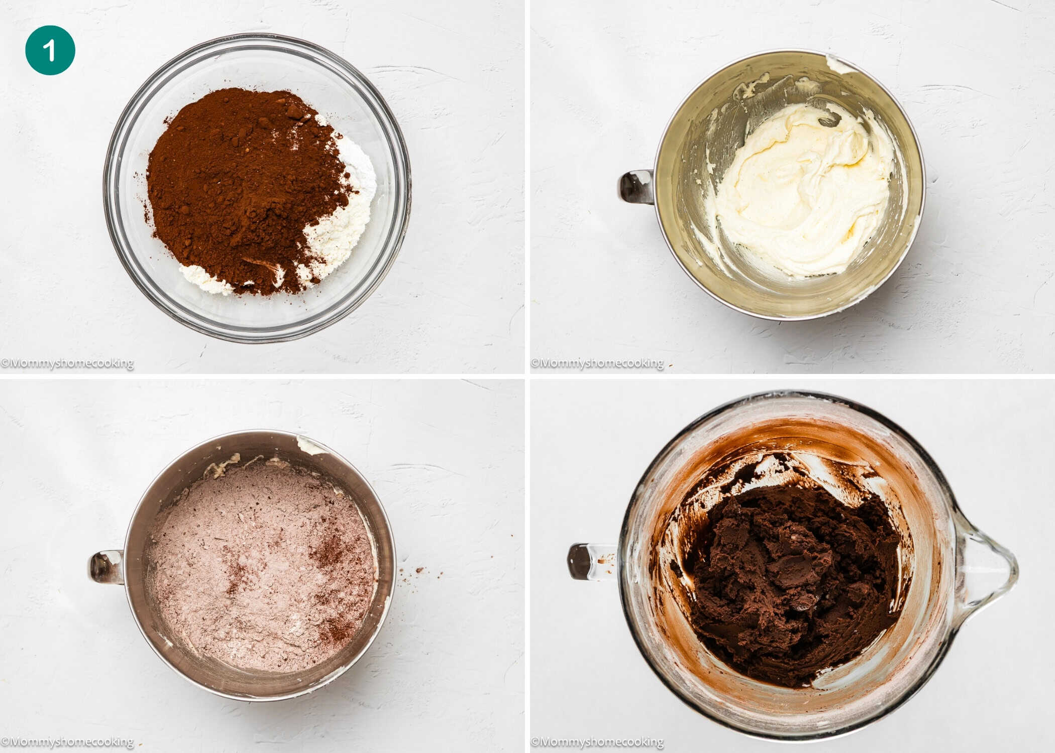 Four mixing bowls show steps for Eggless Peppermint Bark Cookies: combining dry and wet ingredients, creaming mixture, adding cocoa powder, and forming chocolate dough.