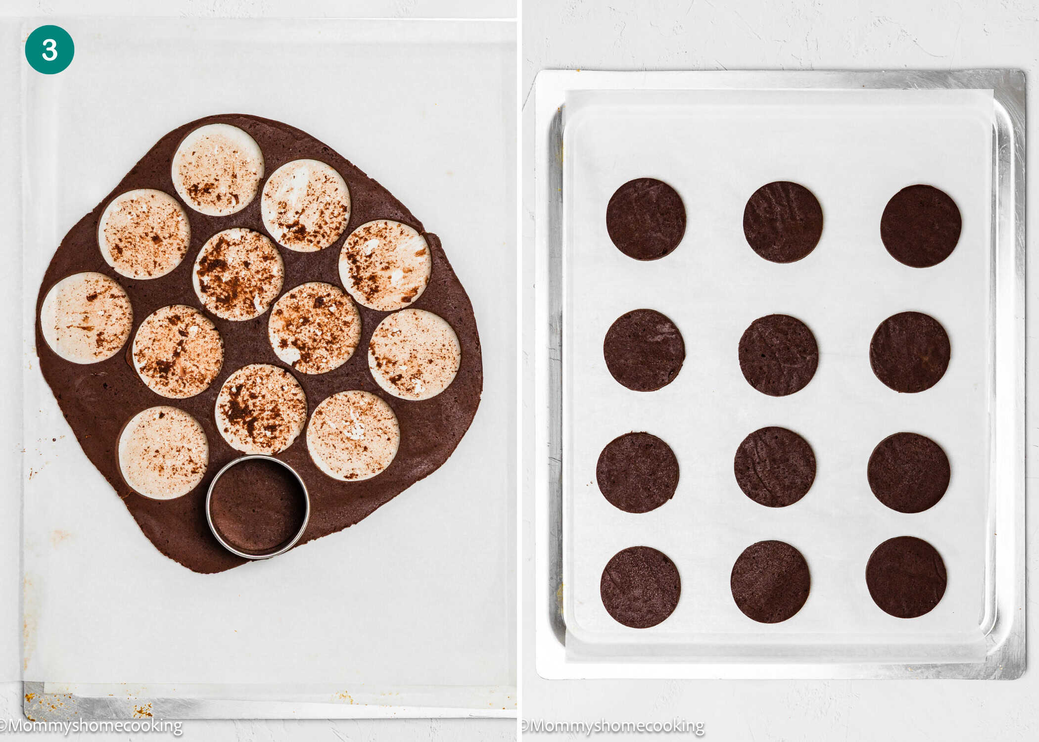 On the left, a sheet of chocolate dough with cut-out circles, some sprinkled with cinnamon; on the right, Eggless Peppermint Bark Cookies are arranged on a parchment-lined baking sheet.