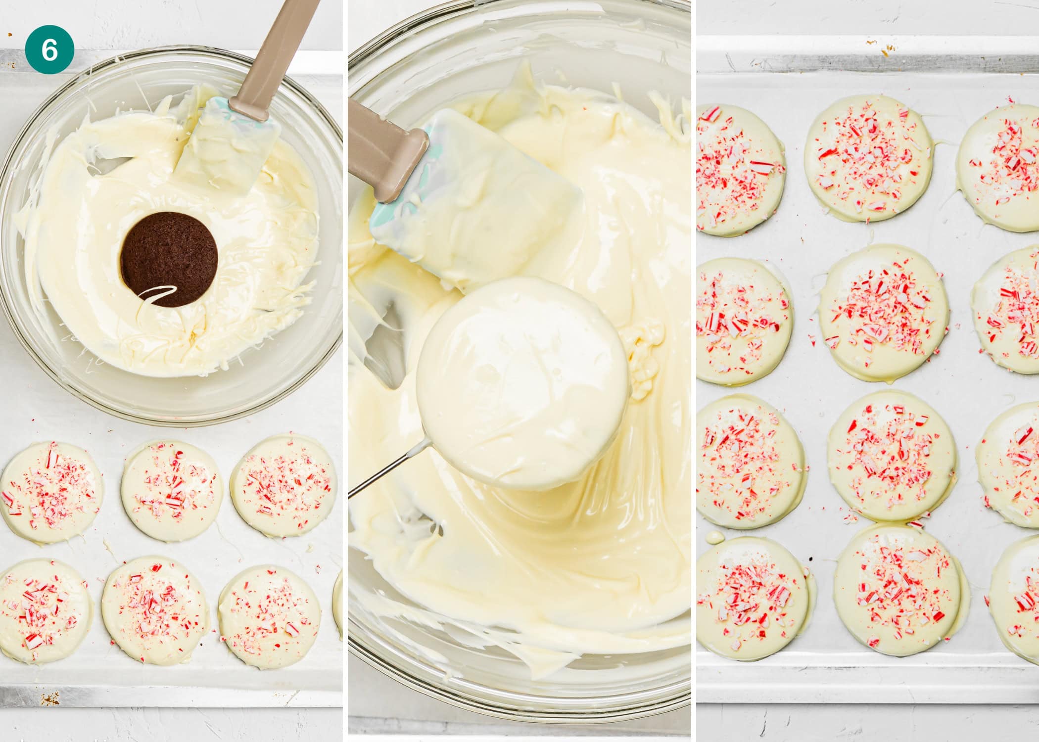 A chocolate sandwich cookie is dipped in melted white chocolate; finished Eggless Peppermint Bark Cookies coated with white chocolate and red sprinkles are displayed on a baking sheet.