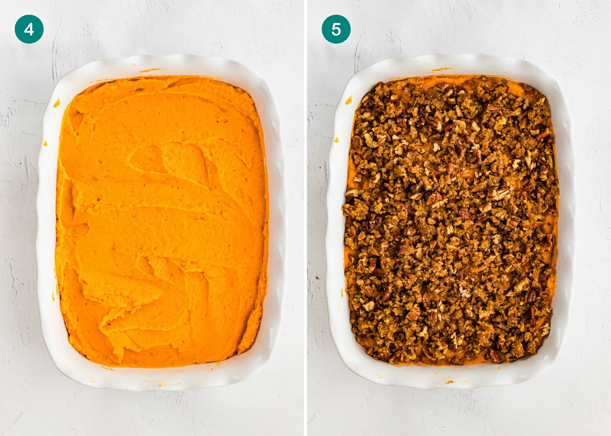 Two side-by-side images: on the left, an Eggless Sweet Potato Casserole with smooth orange mash; on the right, the same dish topped with a brown, crumbly pecan streusel.