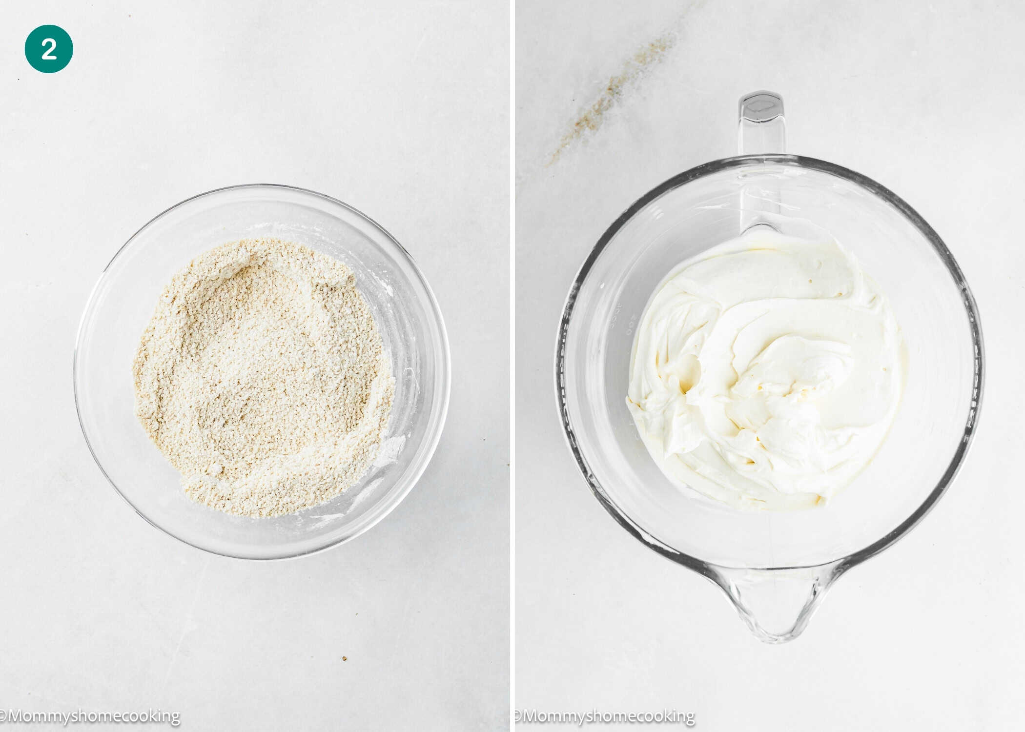 Side-by-side image: left shows a bowl of dry ingredients; right shows a mixing bowl with a creamy, white Eggless Turtle Cheesecake mixture on a white surface.