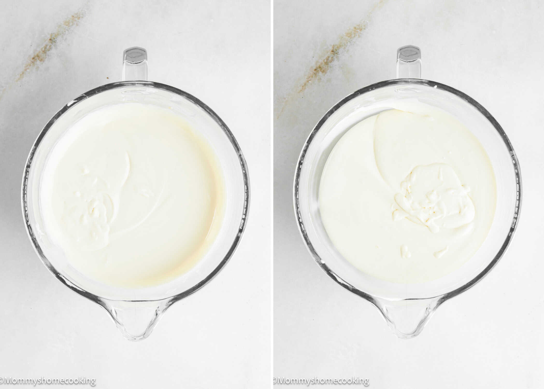 Two glass bowls filled with thick white mixtures, possibly dairy products such as yogurt or cream, are placed on a light-colored countertop—ideal for crafting an Eggless Turtle Cheesecake.