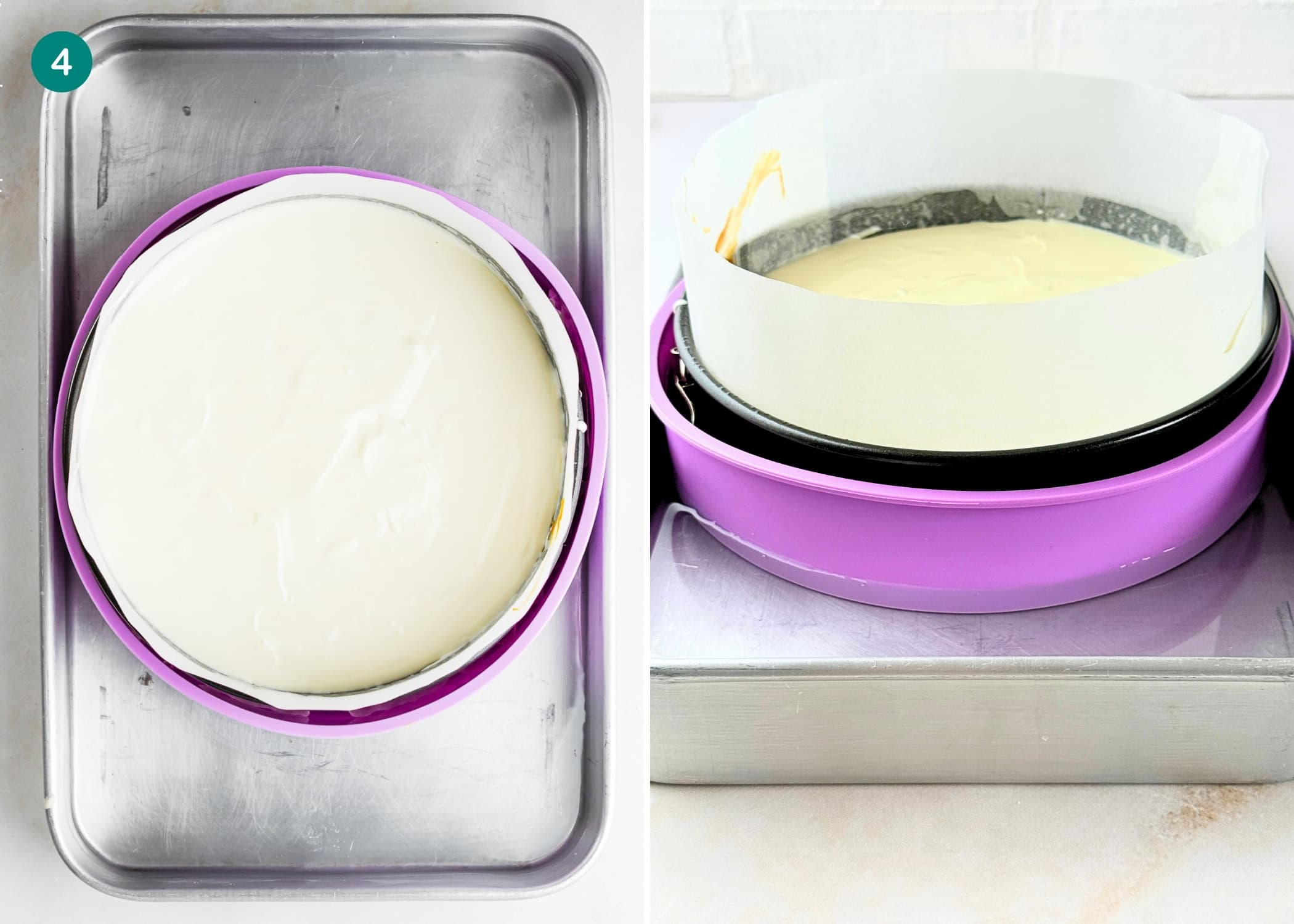 A round cake pan lined with parchment paper is filled with Eggless Turtle Cheesecake batter and surrounded by a purple cake collar, shown from top and side views on a metal tray.