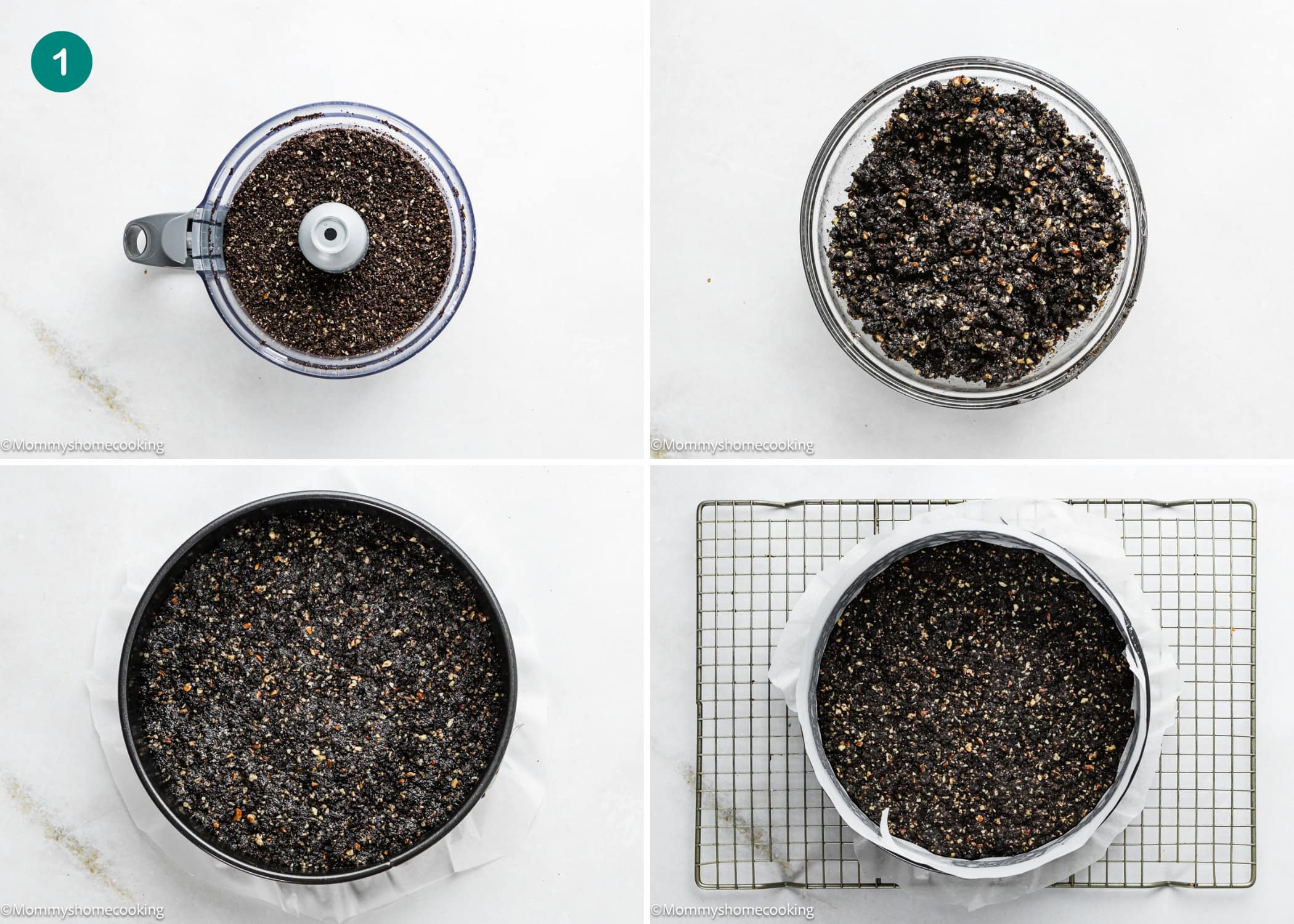 Four-step process for making an Eggless Turtle Cheesecake base: blend ingredients, mix, press mixture into a pan, and place it on a cooling rack.