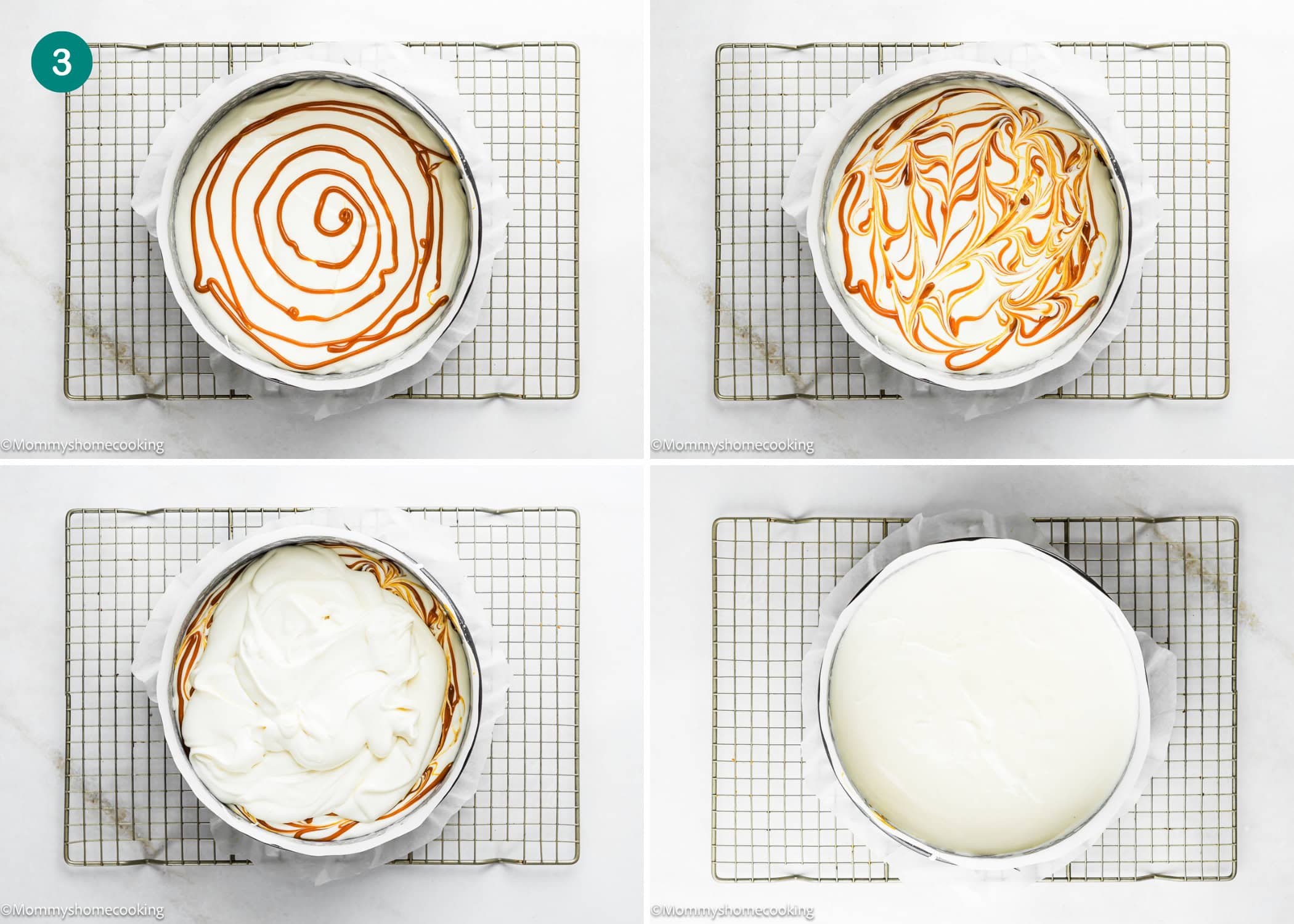 Four photos show steps for swirling caramel into Eggless Turtle Cheesecake batter in a round pan: adding caramel, swirling it, partially mixing, and then covering with a final layer of cheesecake batter.