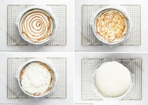 Four photos show steps for swirling caramel into Eggless Turtle Cheesecake batter in a round pan: adding caramel, swirling it, partially mixing, and then covering with a final layer of cheesecake batter.