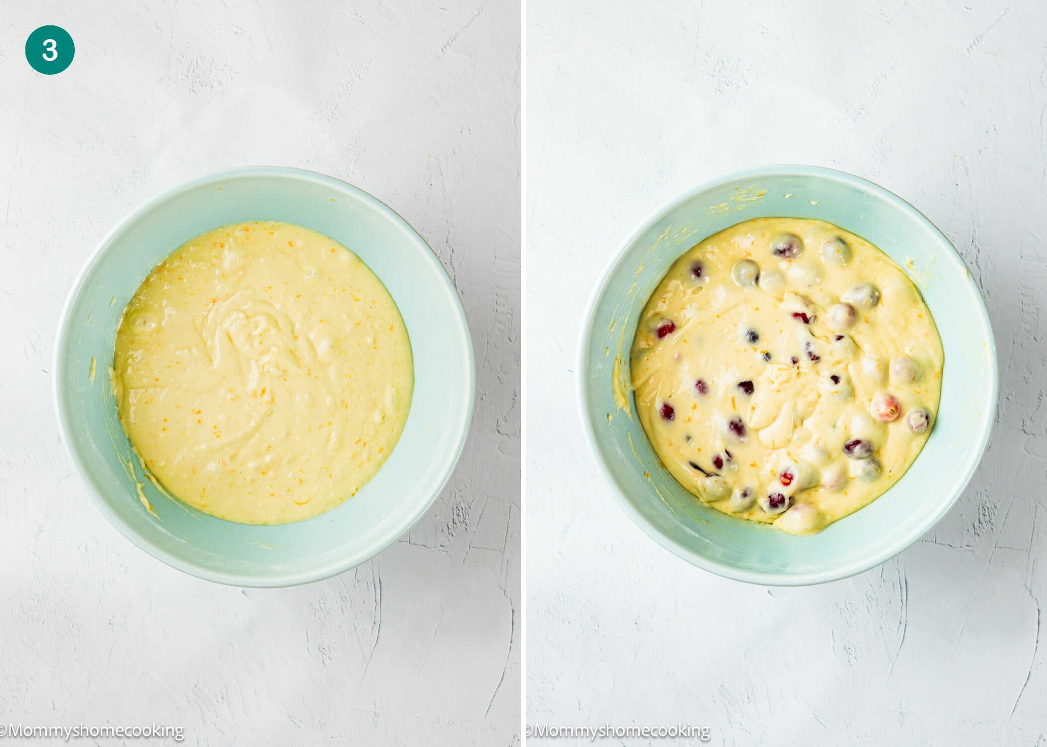 Two mixing bowls with batter; the left bowl contains plain batter, while the right bowl contains batter for Cranberry Orange Muffins without Eggs, mixed with berries.