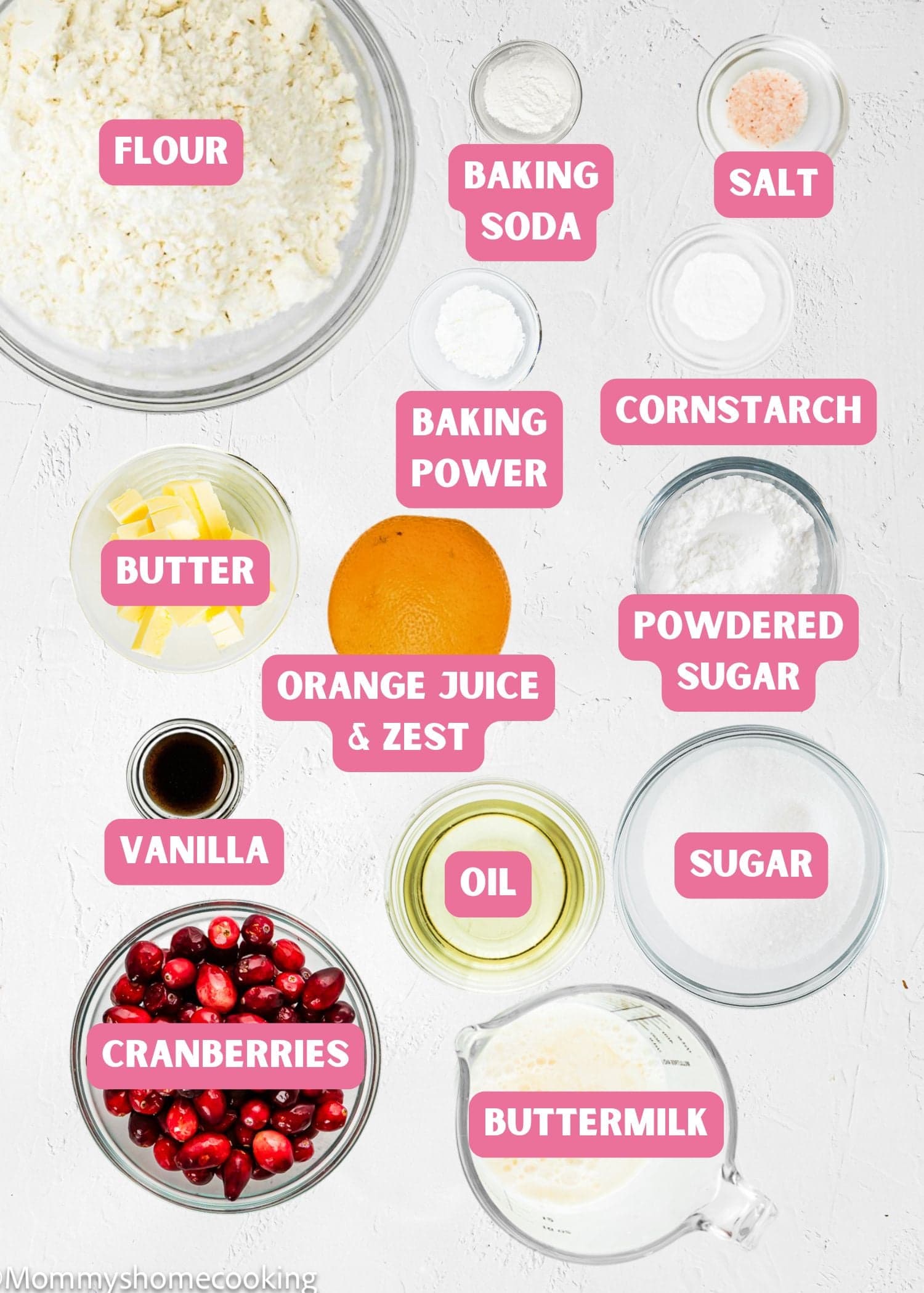 Top-down view of labeled baking ingredients for Cranberry Orange Muffins without Eggs in bowls and containers, including flour, butter, cranberries, sugar, oil, buttermilk, vanilla, orange juice and zest, and various powders.