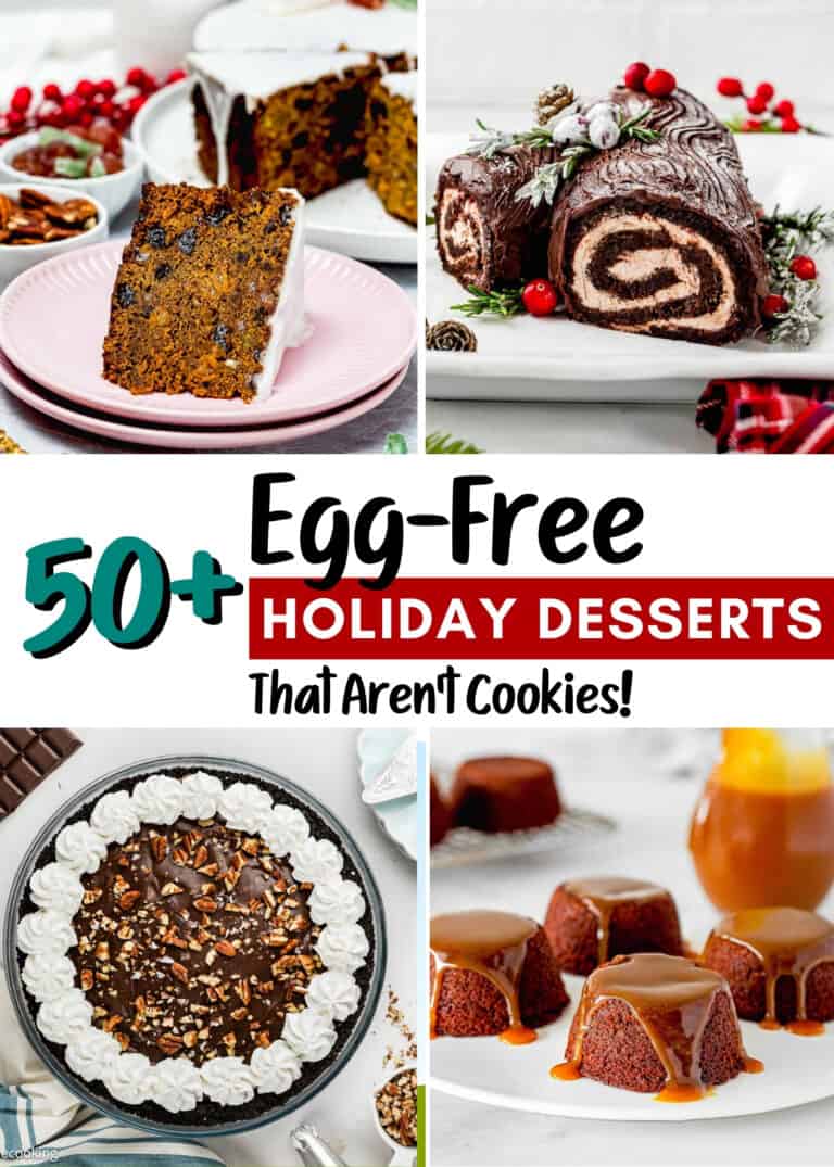 A collage of four Bars & More easy egg-free holiday desserts, including fruitcake, Christmas yule log, chocolate pie with whipped cream and pecans, and mini sticky toffee puddings with caramel sauce.