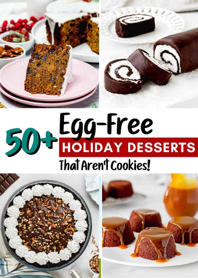 A collage of four Bars & More easy egg-free holiday desserts, including fruitcake, chocolate swiss rolls, chocolate pie with whipped cream and pecans, and mini sticky toffee puddings with caramel sauce.