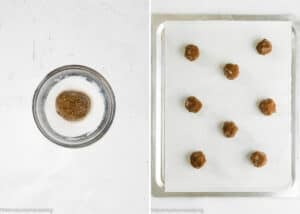 A bowl with Eggless Chocolate Ginger Cookies dough rolled in sugar on the left, and a baking sheet with evenly spaced dough balls on parchment paper on the right.