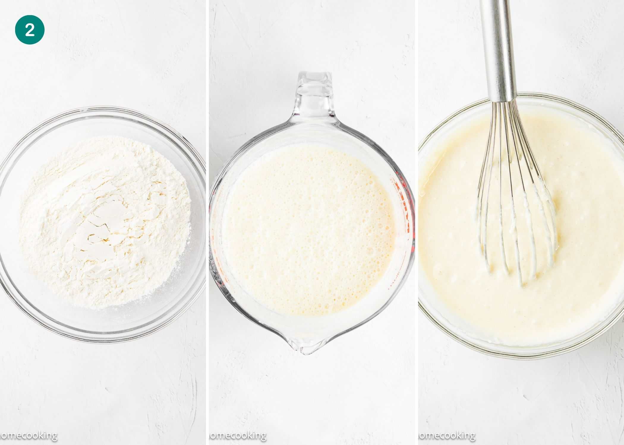 Three images: a bowl of flour, a measuring cup with mixed liquid ingredients, and a bowl of Eggless Cinnamon Roll Pancakes batter being whisked together.