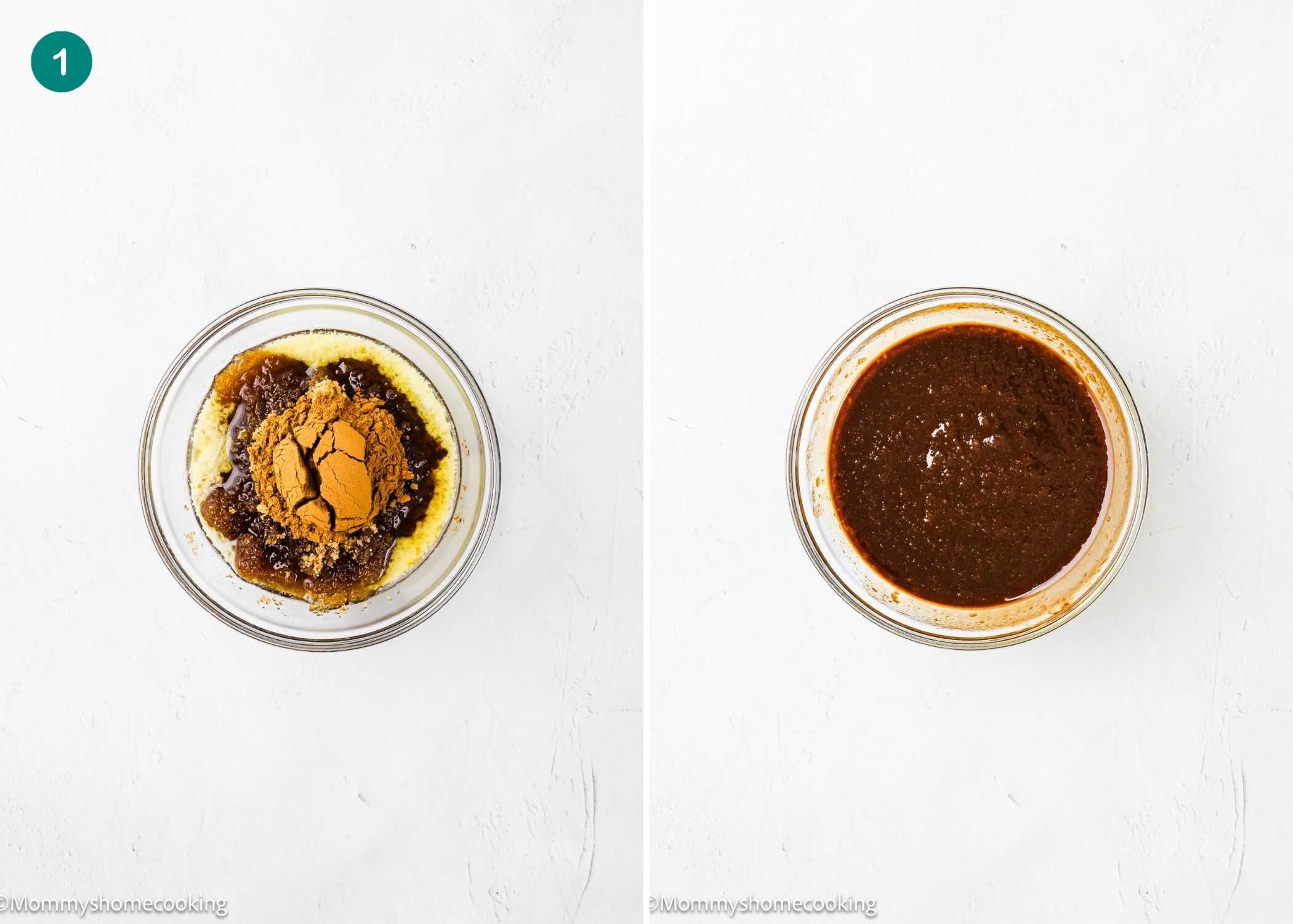 Two side-by-side bowls: the left holds unmixed ingredients for Eggless Cinnamon Roll Pancakes, while the right shows them blended into a smooth, brown batter.