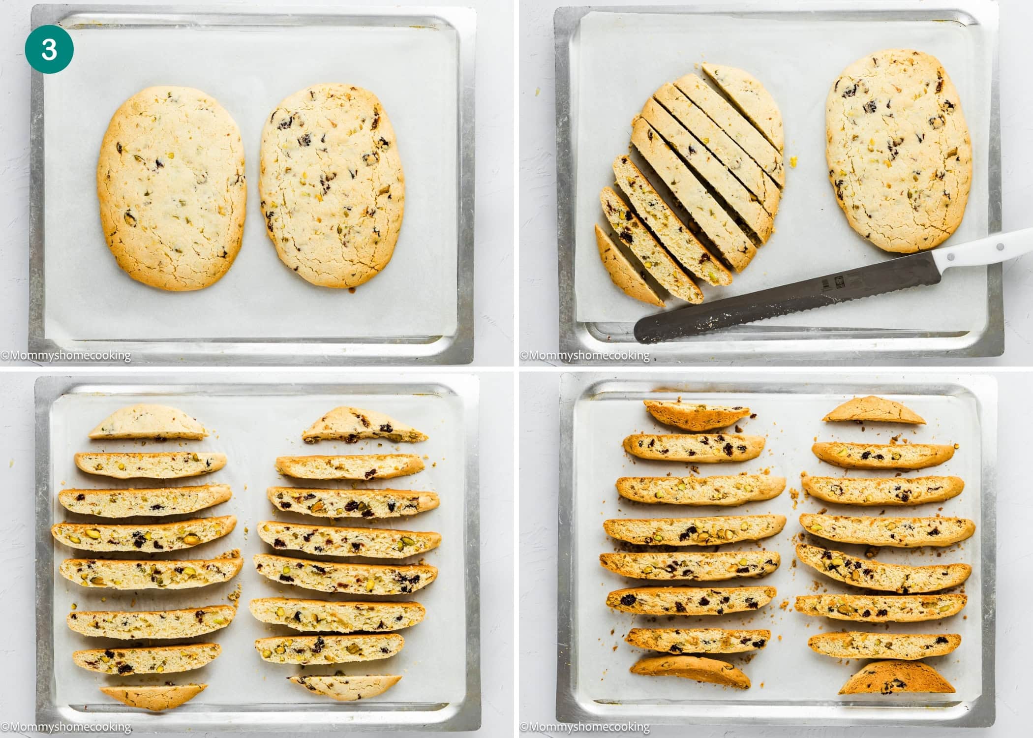 Four-step process showing Eggless Easy Biscotti Recipe: whole loaves, slicing with a knife, and arranging slices on a baking sheet for a second bake.