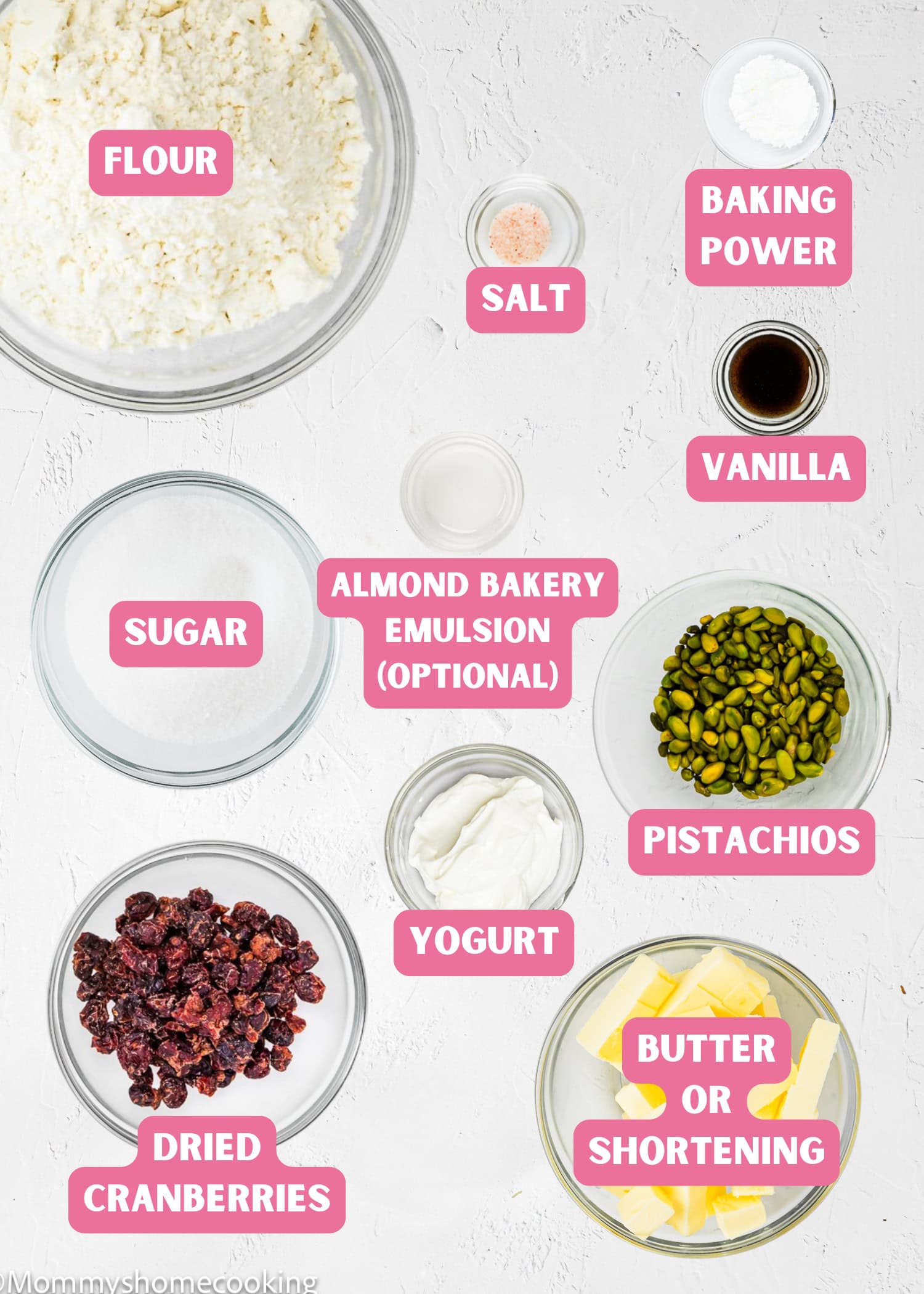 Top-down view of labeled baking ingredients in bowls for an Eggless Easy Biscotti Recipe—flour, salt, baking powder, vanilla, sugar, almond bakery emulsion, pistachios, yogurt, dried cranberries, and butter or shortening.
