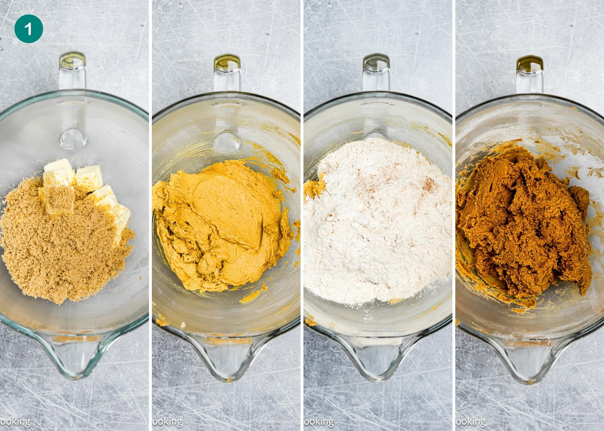 Four stages of Eggless Gingerbread Snickerdoodle cookie dough preparation in a glass mixing bowl: brown sugar and butter, creamed mixture, flour added, and fully mixed dough.