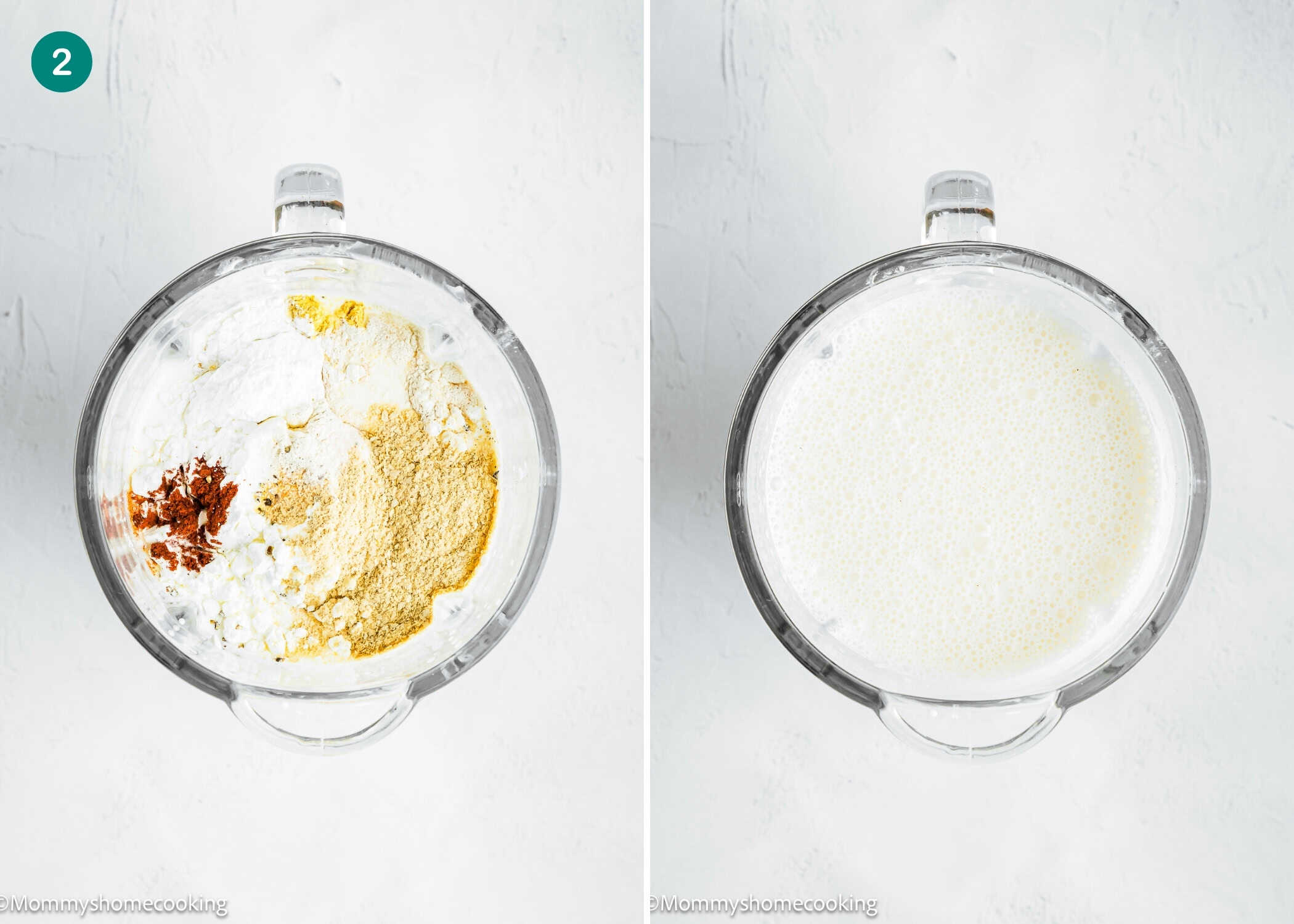 Two glass bowls seen from above: the left contains dry ingredients and spices, while the right shows a smooth, pale batter after blending with liquid for an Eggless Strata Recipe.