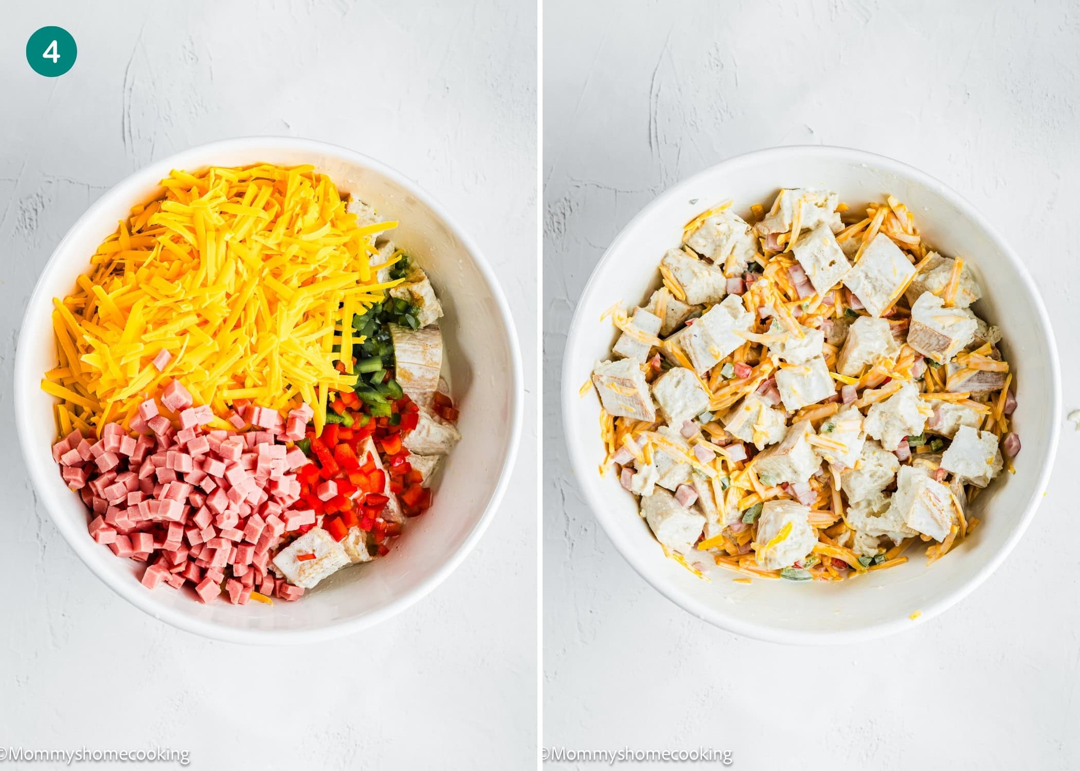 Two white bowls showcase an Eggless Strata Recipe: one with shredded cheese, cubed meat, diced ham, green peppers, and tomatoes; the other with all ingredients mixed together for a delicious salad.