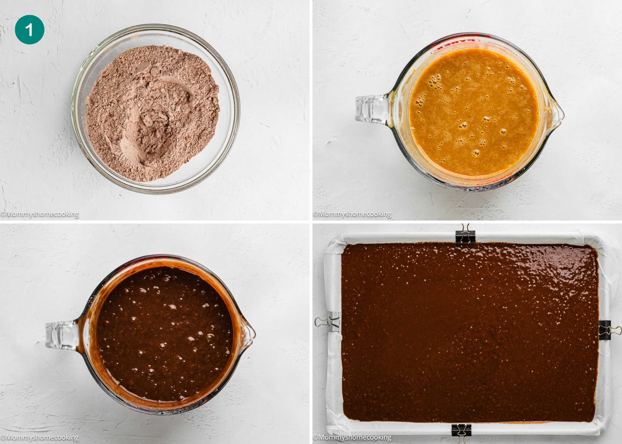 Four steps of baking an Eggless Yule Log (Bûche De Noël): mixing dry ingredients, mixing wet ingredients, combining both into a batter, and pouring the batter into a parchment-lined baking pan.