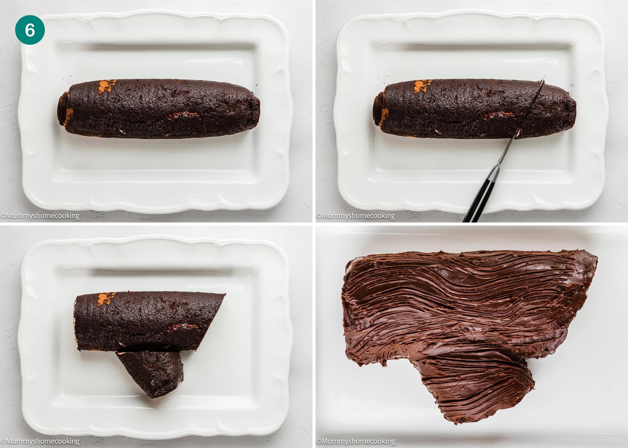 Four-panel image showing an Eggless Yule Log (Bûche De Noël) being sliced and then covered with chocolate frosting on a white plate.
