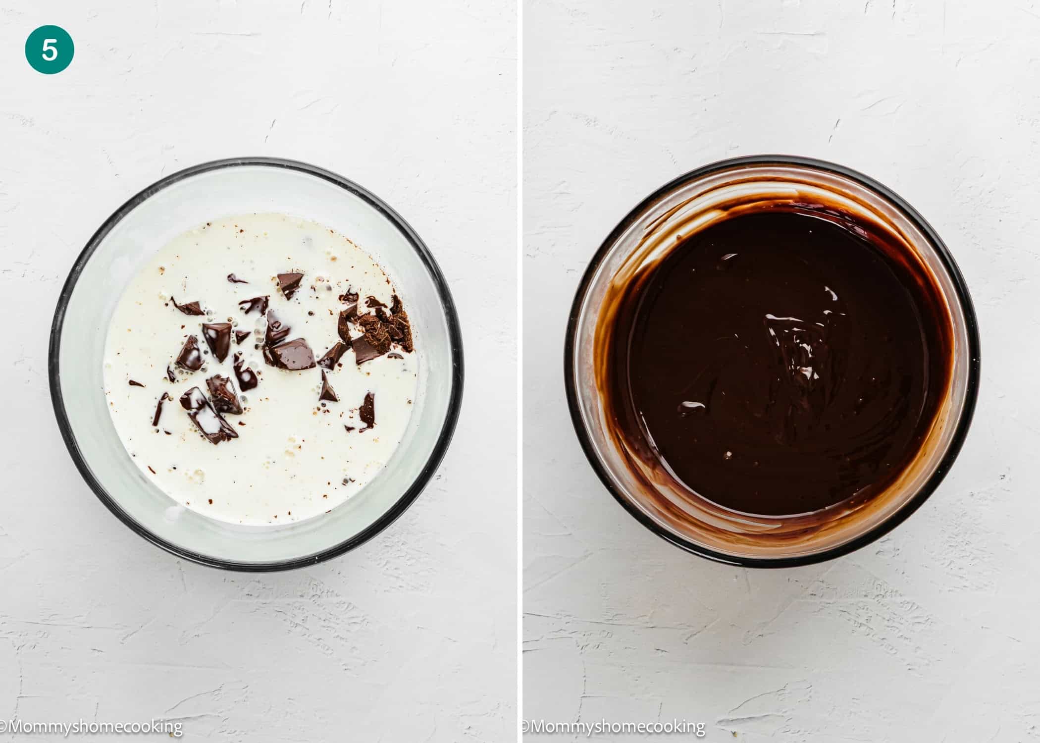 Side-by-side images show a bowl of cream with chocolate chunks on the left and a bowl of smooth, melted chocolate mixture on the right, perfect for preparing an Eggless Yule Log (Bûche De Noël).