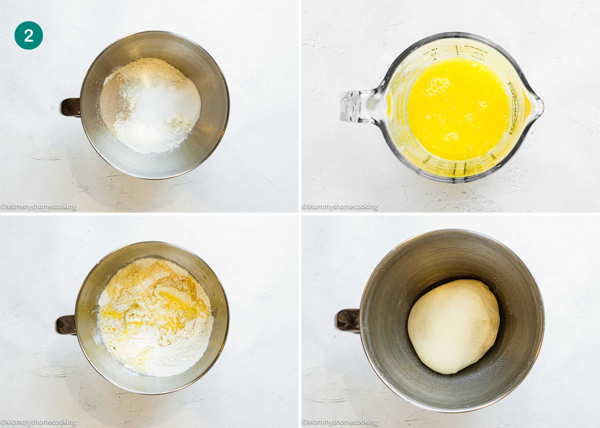Four-panel image showing: a bowl of flour and sugar, a measuring cup of melted butter, flour mix with melted butter added, and a bowl with dough—perfect steps for making Overnight Cinnamon Rolls (Small Batch).
