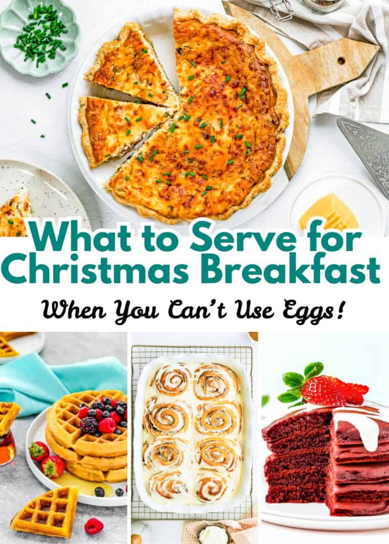 A collage showing quiche, waffles with berries, cinnamon rolls, and red velvet cake, with text: “Delicious Christmas Breakfast Ideas When You Can’t Use Eggs!”.